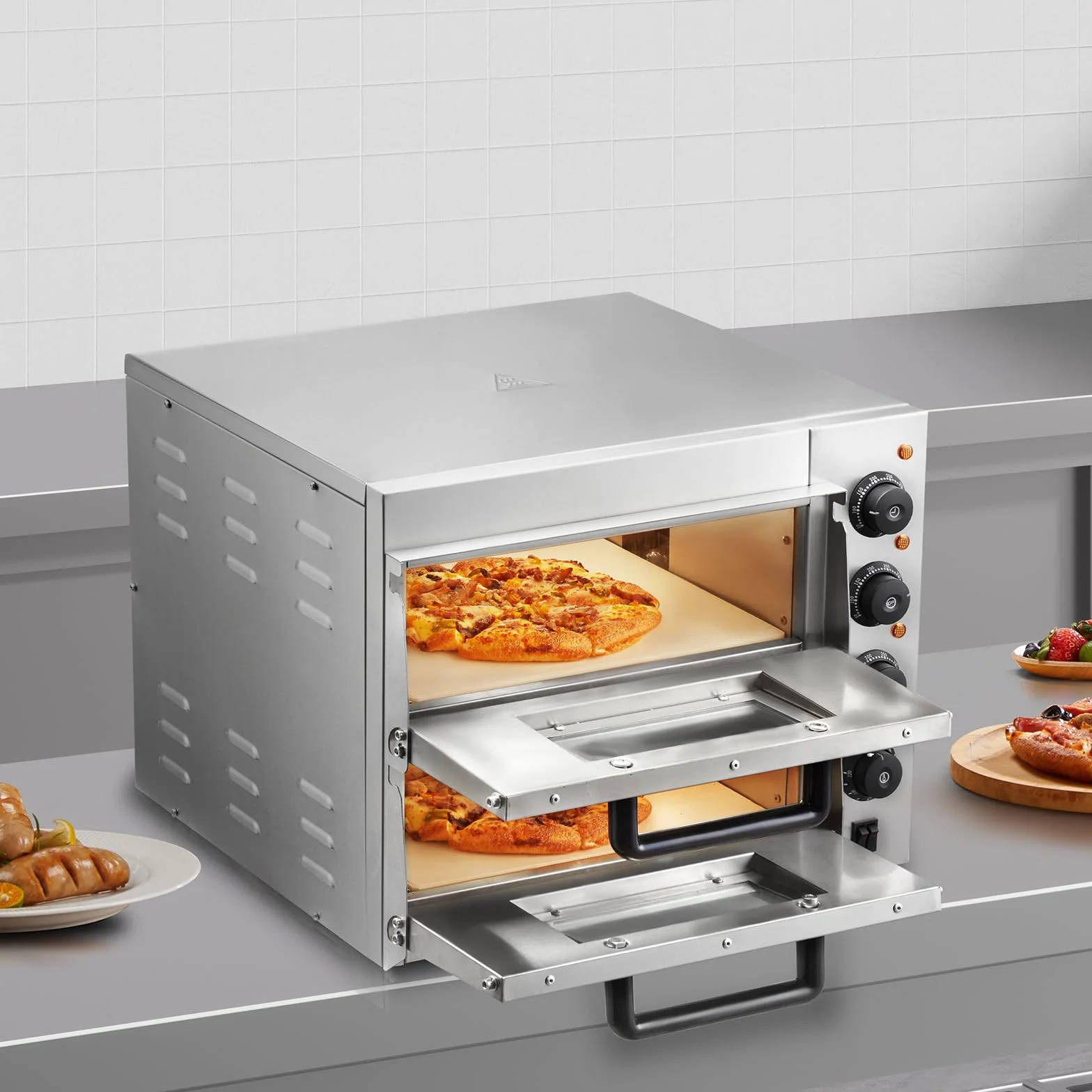 VEVOR Horno de Pizza Comercial Eléctrico de Encimera Doble Piso, Acero Inoxidable con Piedra, 520 x 430 x 430 mm