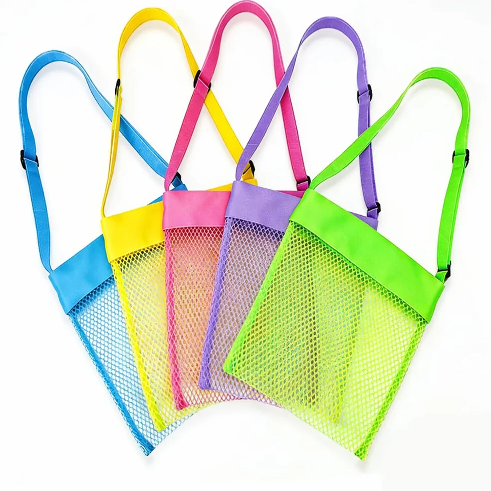 Bolsa Juguetes Playa Malla, 5 PCS Bandolera Bolsa Playa Niños, Beach Toy Bag, Ajustable Bolsa Playa Niños, para Guardar Juguetes y Conchas Marinas