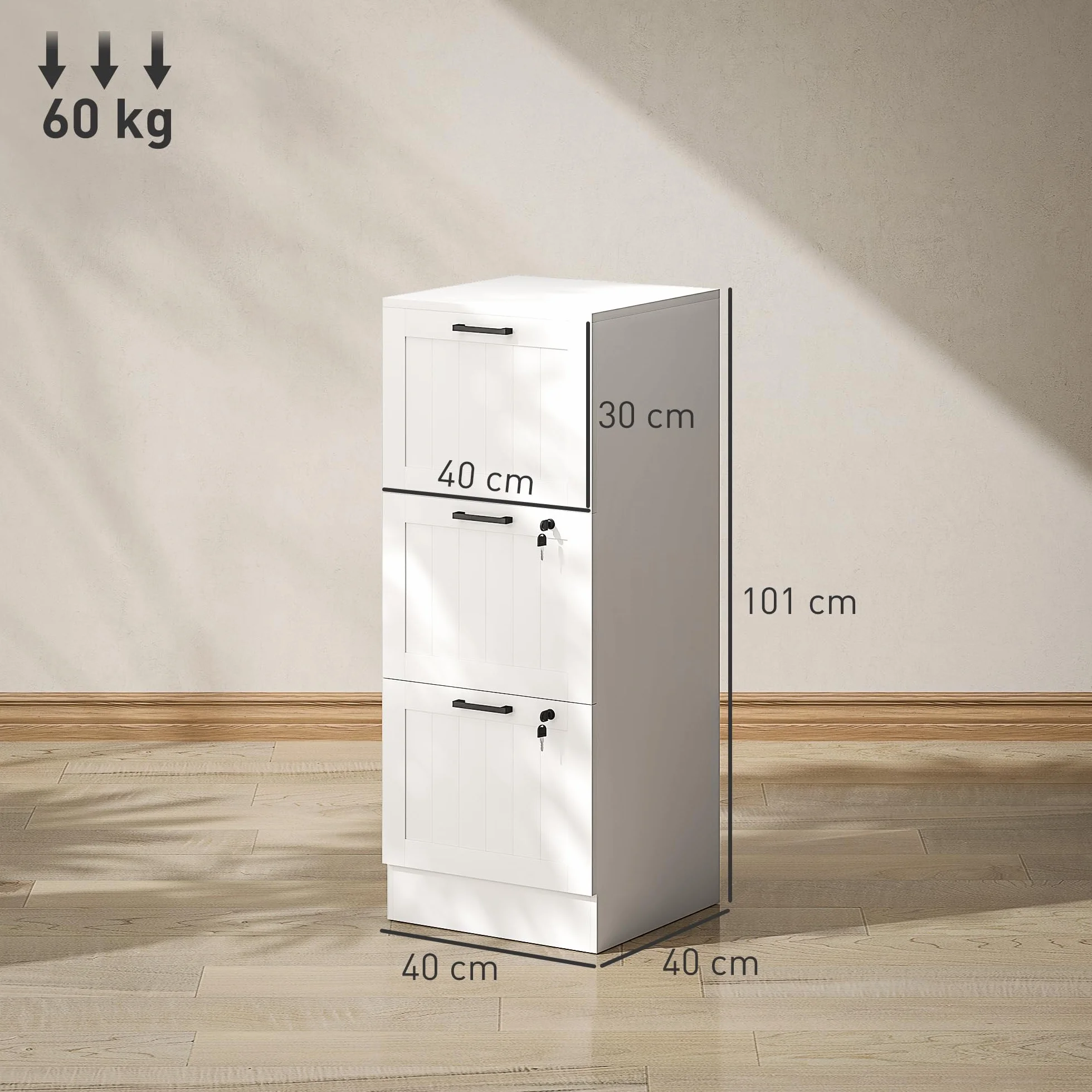 HOMCOM Cajonera Escritorio 3 Cajones, Mueble Archivador, 2 Cerraduras, Riel Colgante A4, 40x40x101 cm, Blanco