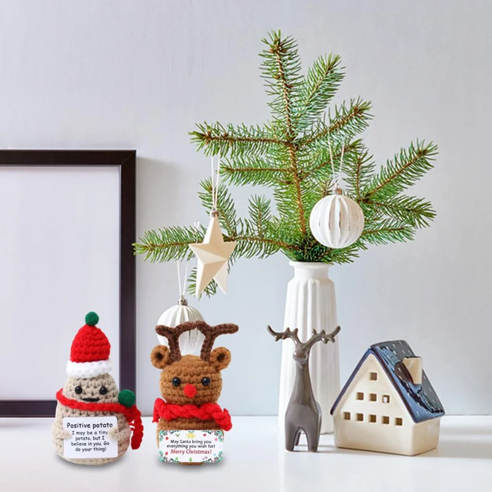 Alce de patata de ganchillo, divertido juguete de punto con tarjeta positiva, decoración de Navidad