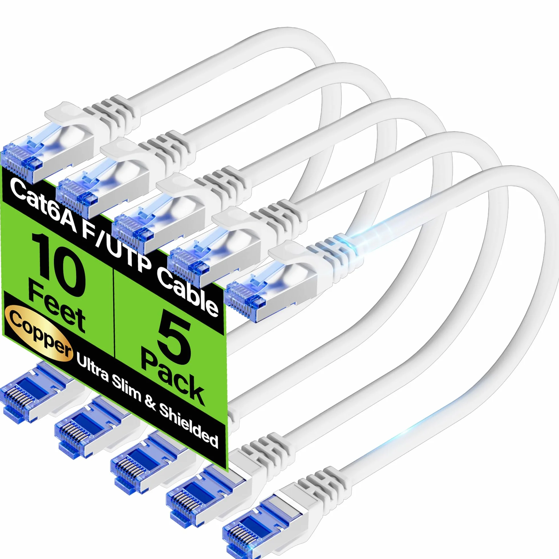 Cable Ethernet Cat6A blindado de 10 Gbps de 10 pies (paquete de 5), cable Ethernet blindado delgado (F/UTP) Cat 6, cable de cobre desnudo Cat6 flexible de 28 AWG, cable de red Cat 6a que ahorra