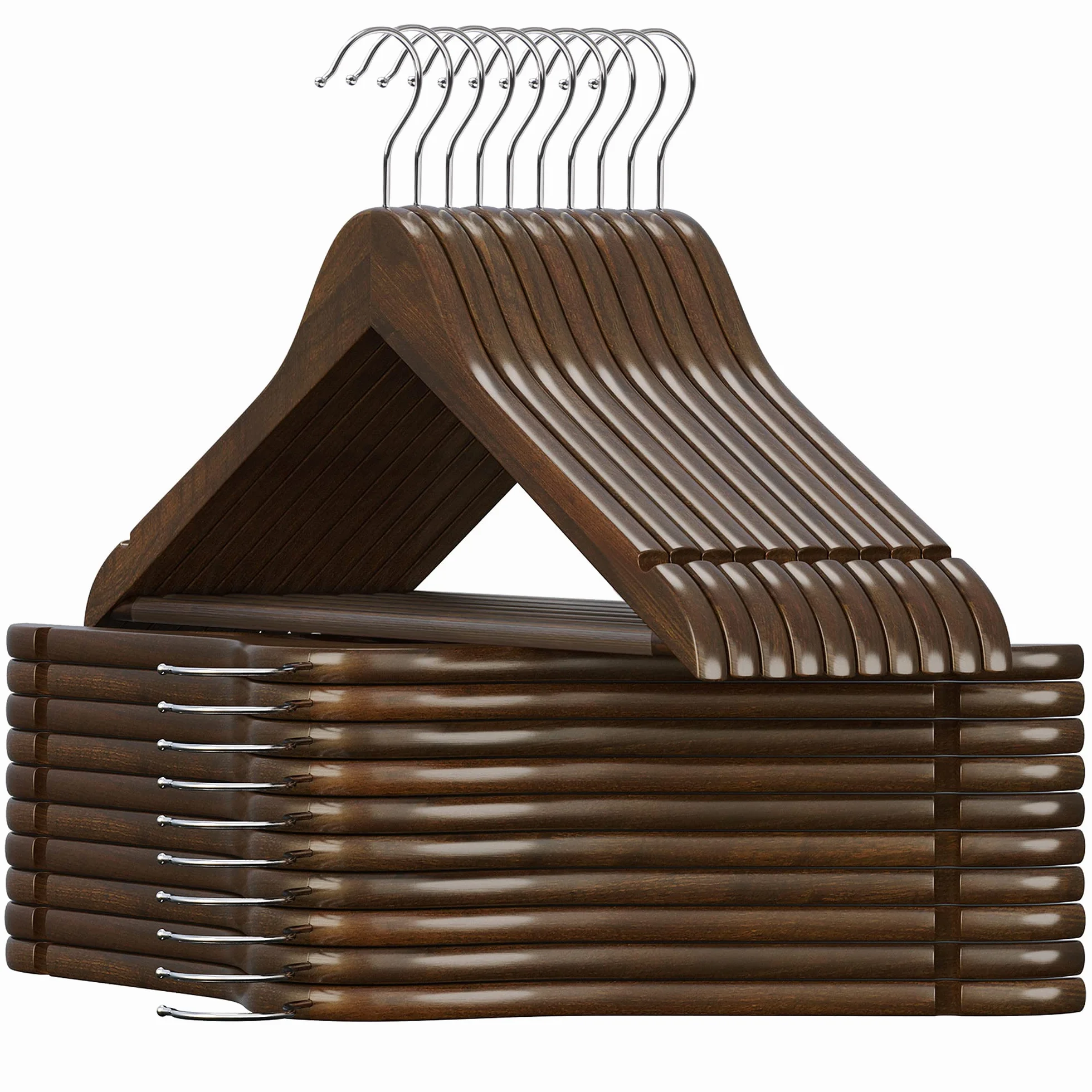 SONGMICS Percha de Madera Maciza Juego 20 con Ranuras Hombros Barra Antideslizante Pantalones Gancho Giratorio 360° Nogal Oscuro Plata CRW02V20