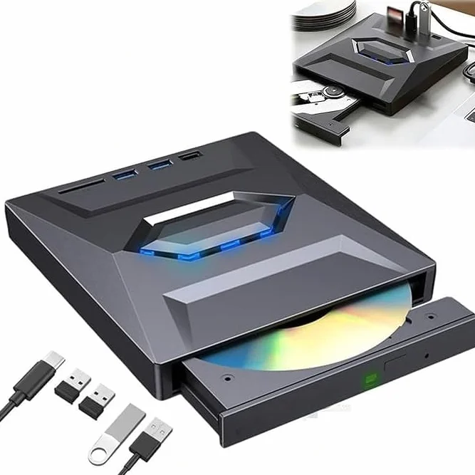 7-en-1 Unidad Externa de Blu-ray USB 3.0 y Tipo-C, Grabadora Portátil BD/DVD/CD con 3 Puertos USB Hub y Lector de Tarjetas SD/TF, Unidad Óptica Blu-ray 6X para Laptop y Escritorio