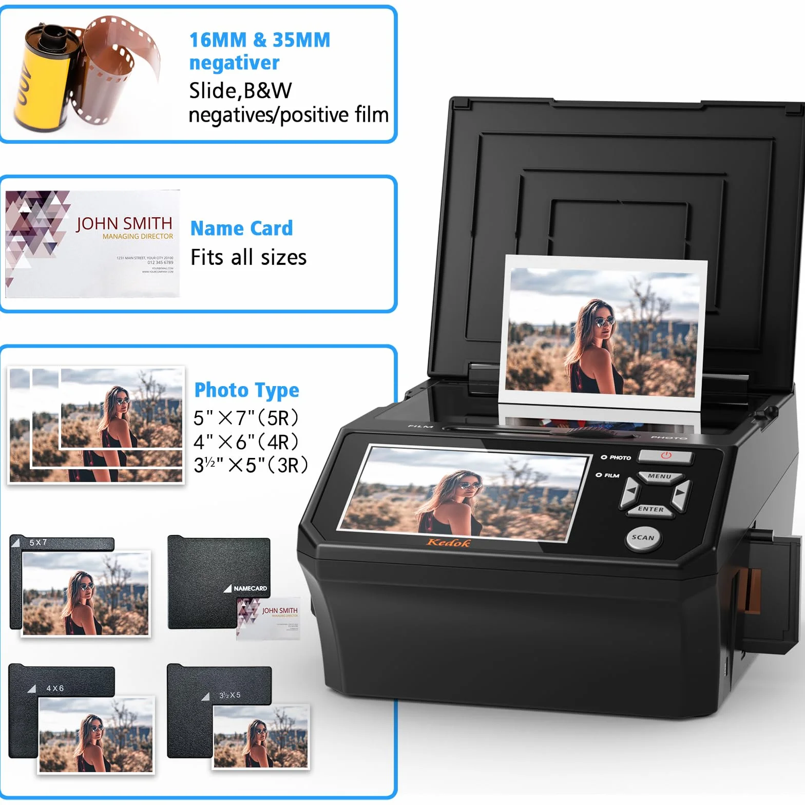 Escáner Digital de película y Diapositivas, con Pantalla LCD de 5 Pulgadas, Convierte películas, Fotos y Tarjetas de Visita de 35 mm y 110 mm en Tarjeta SD de Alta resolución JPEG de 22 MP de 8 GB