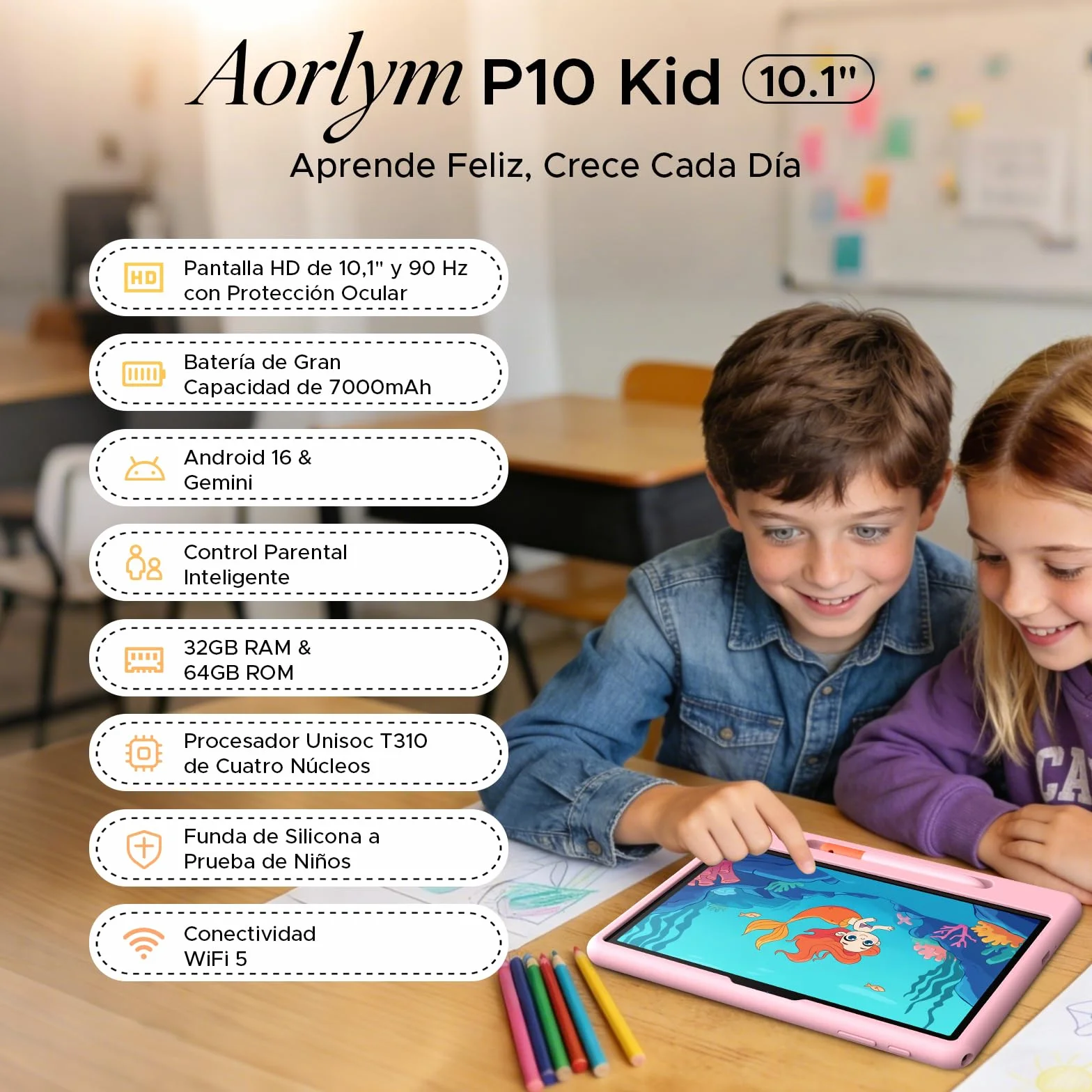 P10 Kid Tablet para Niños 10 pulgada, Tableta Infantil Android 16 Con Gemini AI, 90Hz, 32GB RAM+64GB ROM, 7000mAH, 5G WiFi, Face ID, OTG, GPS, Tablets con lapiz, Tablet para niños de 7 a 10 años, Azul