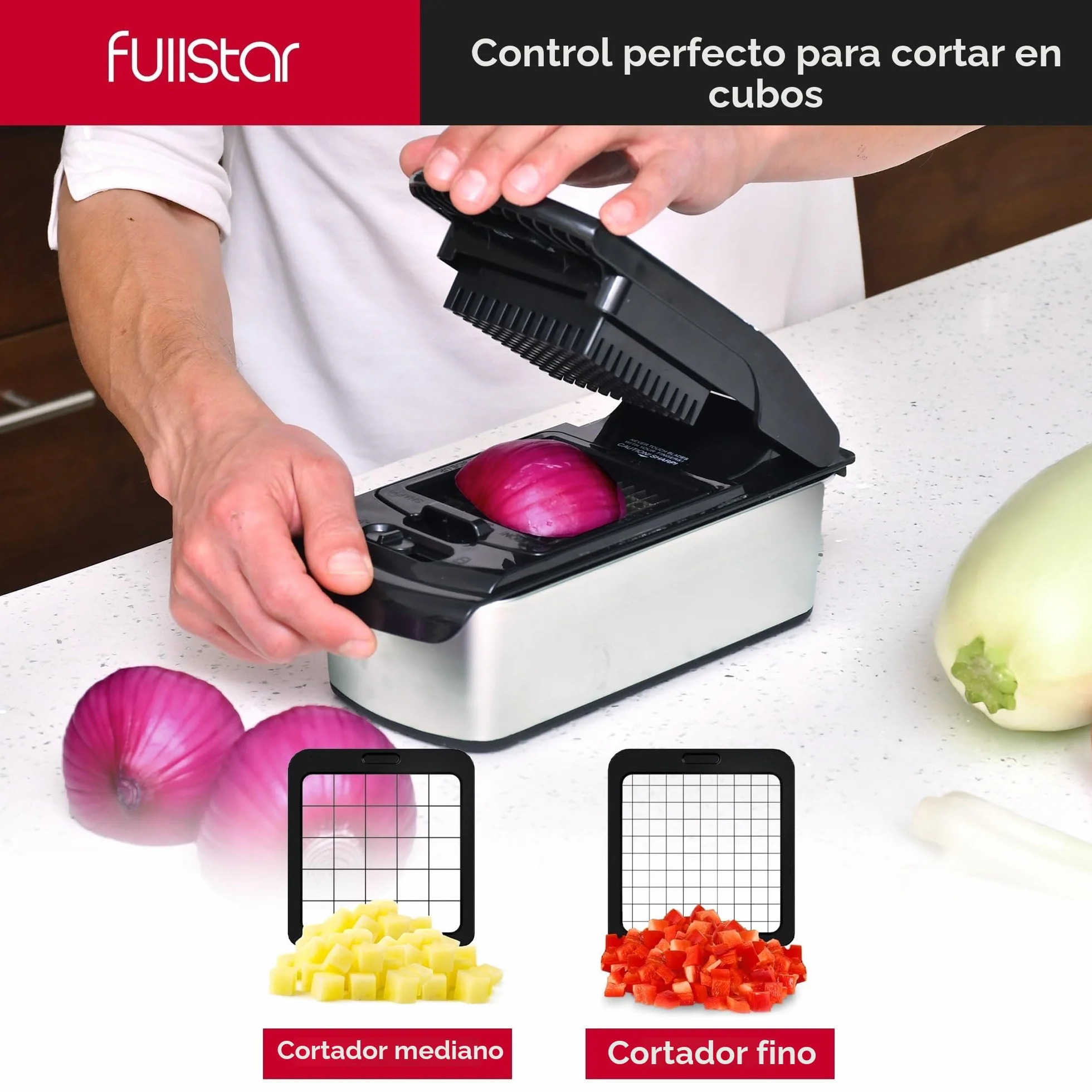 Fullstar Multifuncional Cortador de Verdura Profesional 14-en-1 - Mandolina Rallador Picadora Manual - Utensilios de Cocina Inox Negro