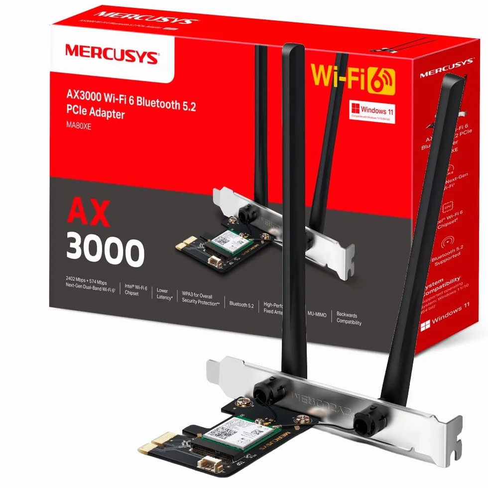 Mercusys MA80XE-Tarjeta WiFi PCIe, AX3000, 2402 Mbps, WiFi 6, Bluetooth 5.2 | Tarjeta de Red PCIe. WiFi 6 con Bluetooth. Disipador Térmico. Instalación Interna. Compatible con Windows.