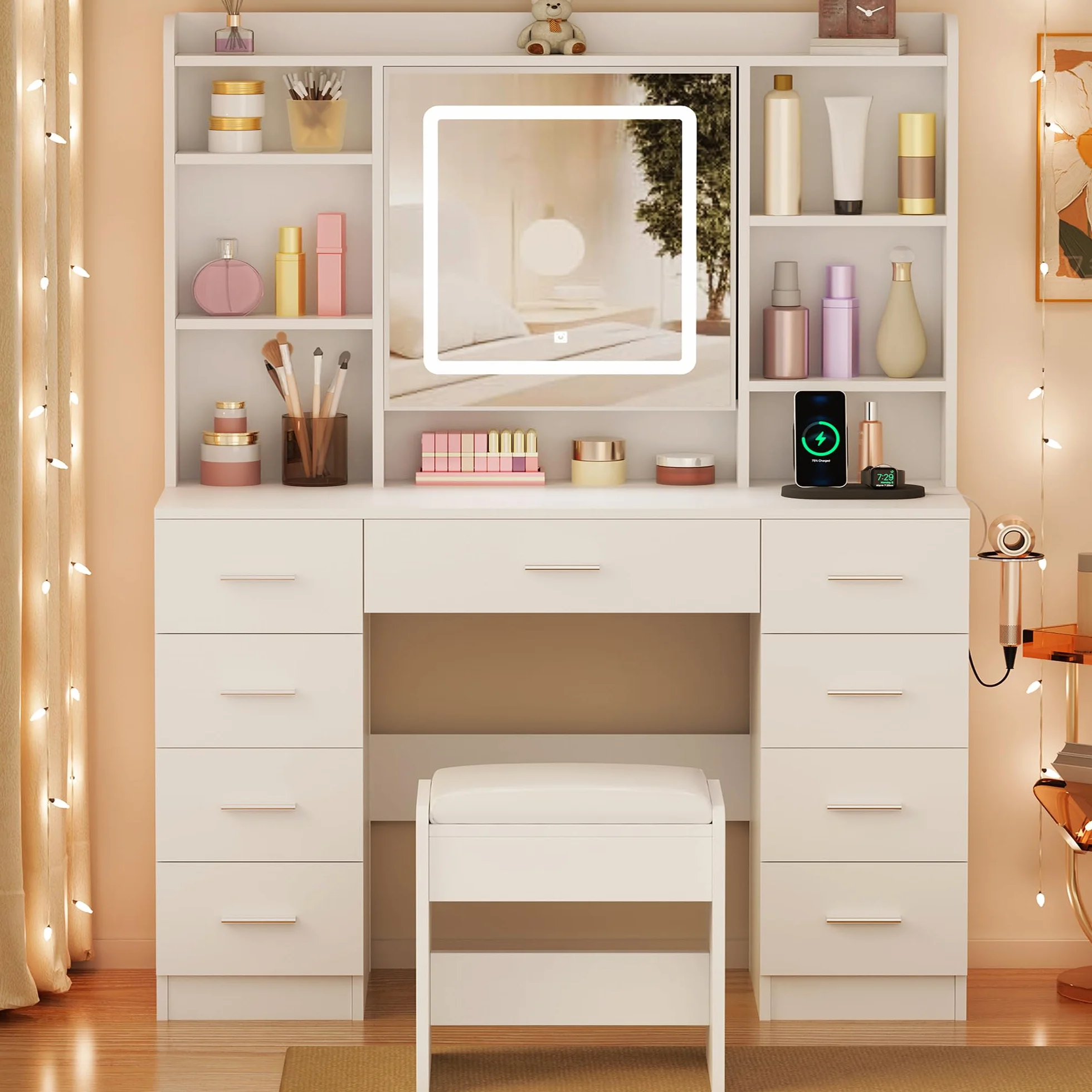 BEWISHOME Tocador de Maquillaje con Espejo LED, Brillo Ajustable, Mesa con Enchufes y Taburete, 9 Cajones, Blanco EFST36W