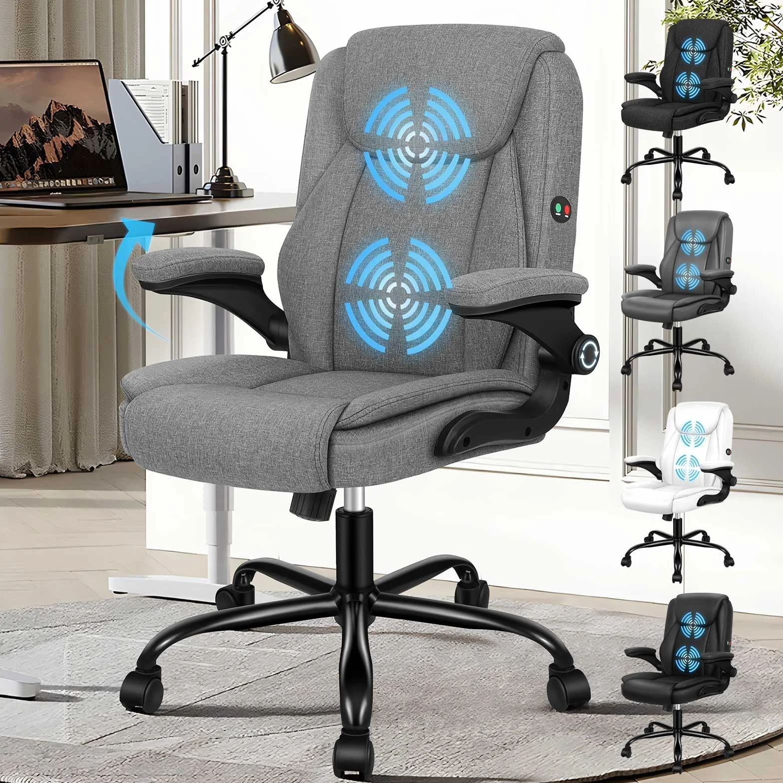 ALFORDSON Silla Oficina Ejecutiva con Masaje, Ergonómica Escritorio Reposabrazos Abatible, Inclinación, Respaldo Medio, Tela de Lino Gris