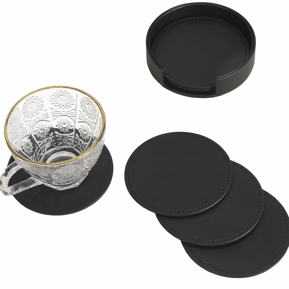 Posavasos de Cuero Sintético de 6cm Redondos Negros Antideslizantes con Protección contra Derrames