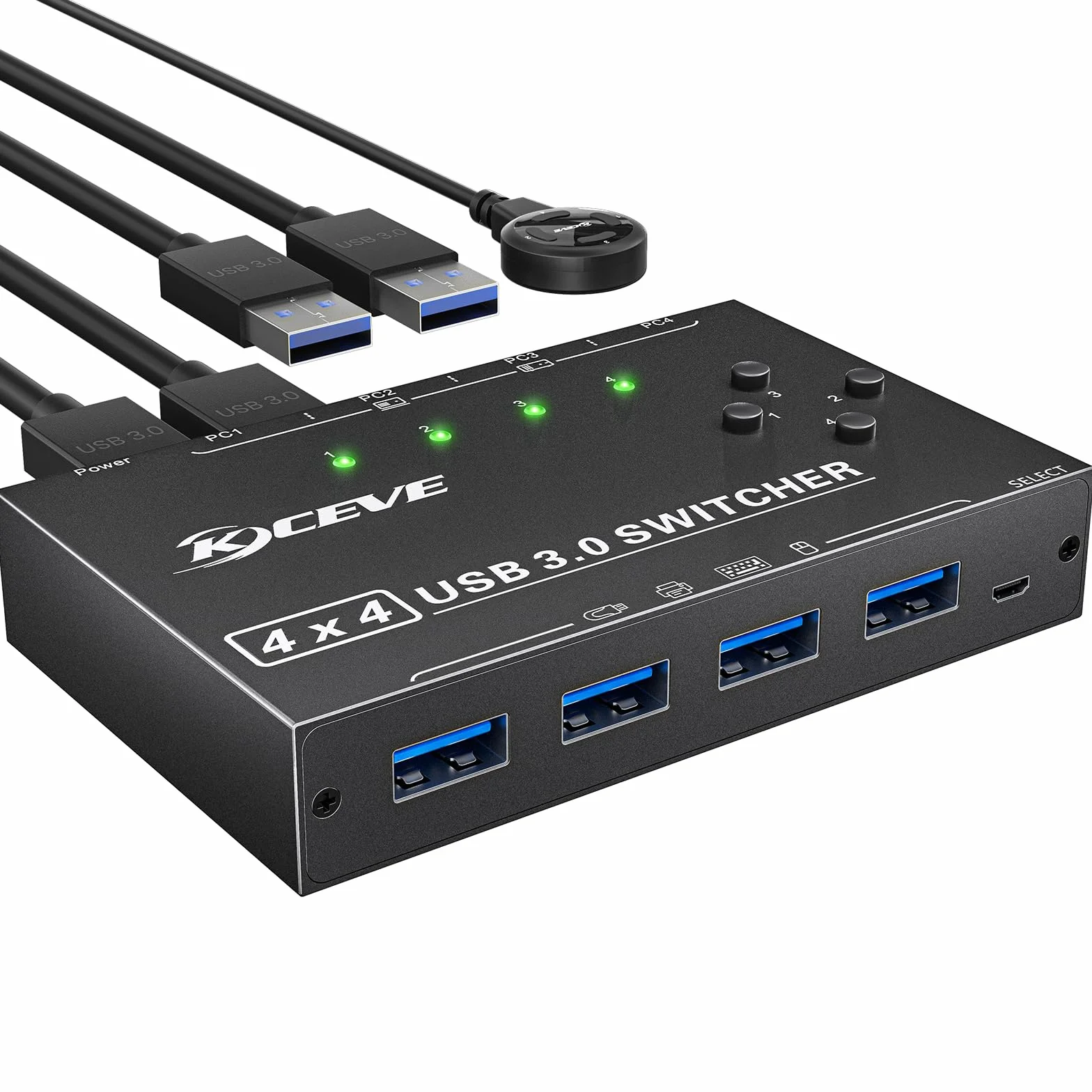 USB 3.0 Switch 4 PC, YOUTINGHDAV 4 in 4 out USB Switch 3.0, USB Switch Box para teclado, ratón, impresora, escáner, PC, con mando a distancia con cable y 4 cables USB 3.0