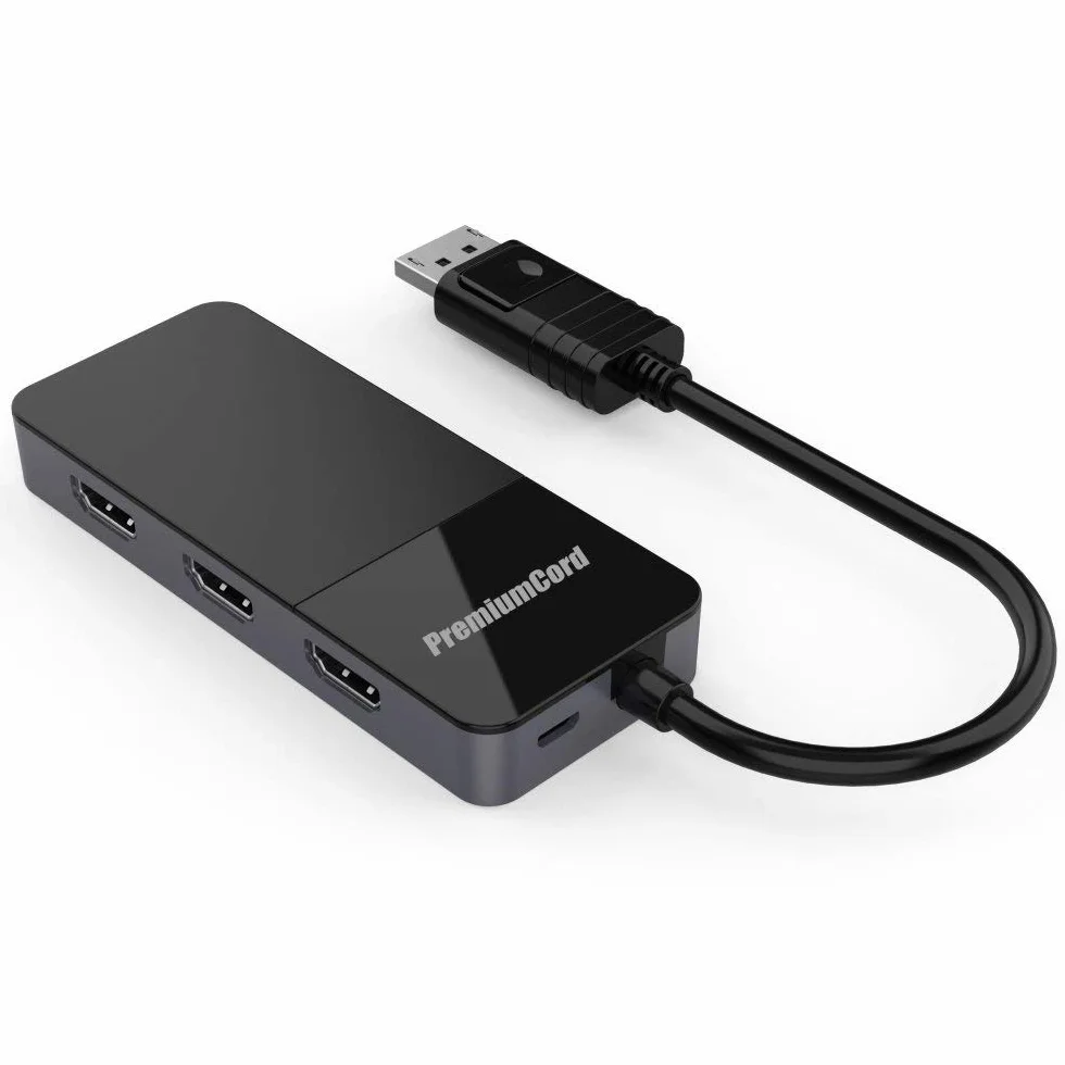 PremiumCord MST Adaptador DisplayPort a 3x HDMI 2.0 para Monitores de Hasta 8K @30Hz (Tres Veces 4K), Extendido + Duplicado + Duplicado Modos, Color Negro