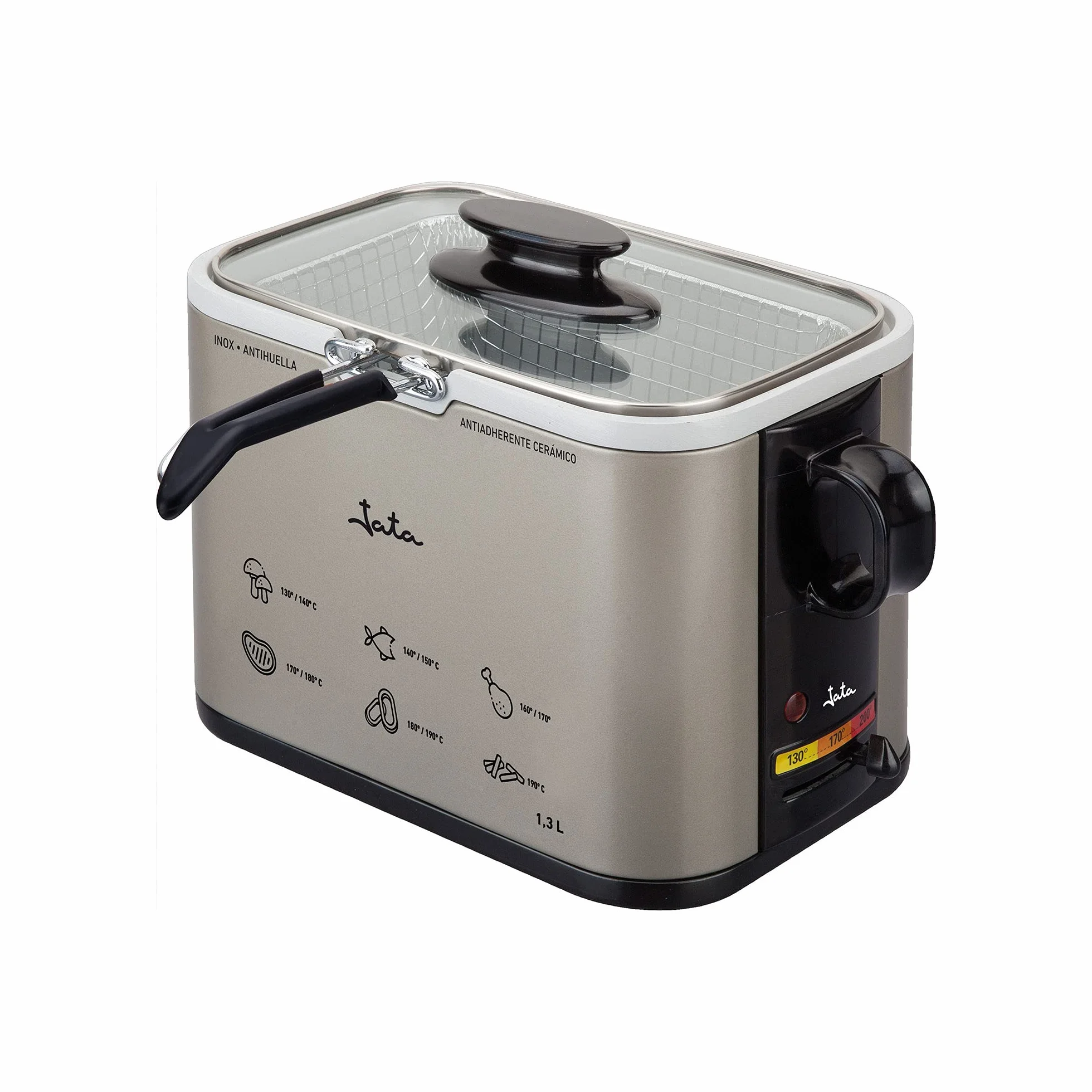 JATA FR326E Freidora de Aceite Inox 1.3L, Freidora Eléctrica con Cuba Cerámica Antiadherente, Termostato Regulable