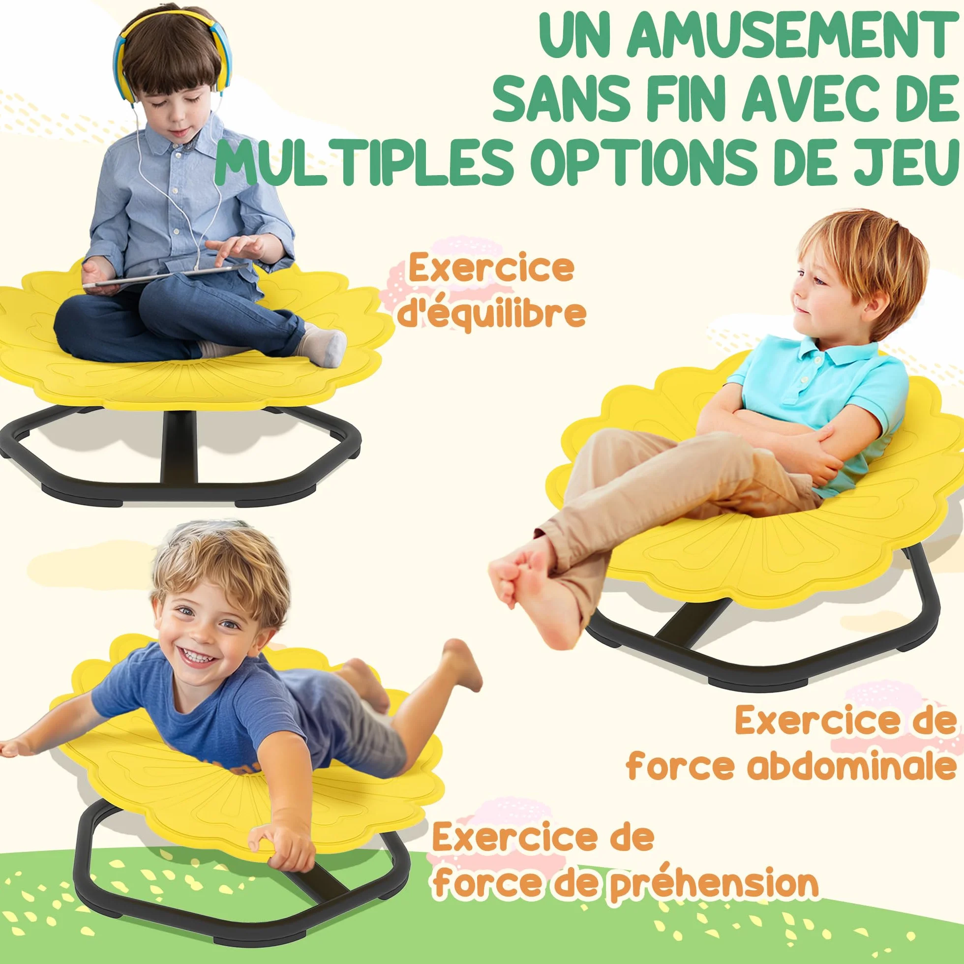 AIYAPLAY Silla giratoria sensorial 360° en forma de flor para autismo, entrenamiento equilibrio, base acero antideslizante, amarillo