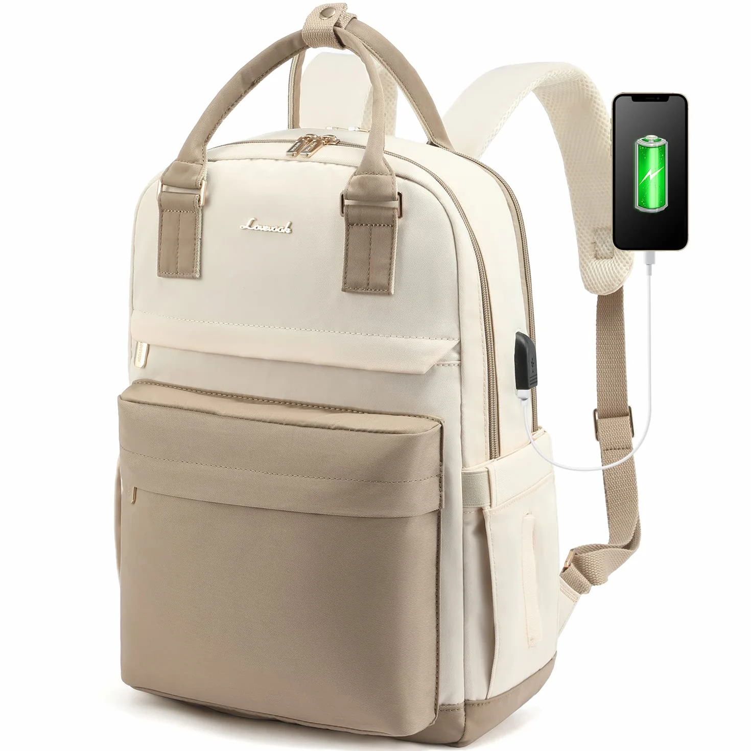 LOVEVOOK Mochila de Mujer para Ordenador Portátil de 17 Pulgadas Impermeable Mochila Escolar Antirrobo, Casual Backpack con Carga USB para Trabajo Viajes Universidad Colegio, Caqui Beige