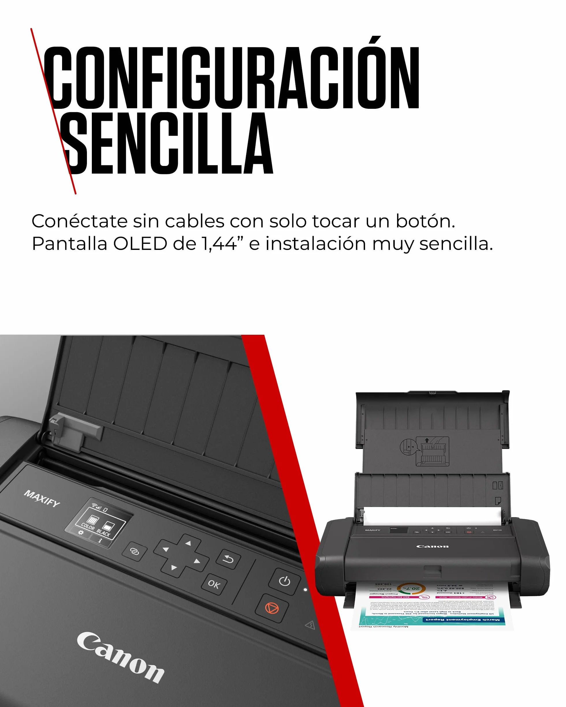 Canon MAXIFY BX110 Impresora Pequeña Inalámbrica - Batería Recargable - Imprime hasta A4 Desde Ordenador, Smartphone | Ideal para Teletrabajo y Viajes