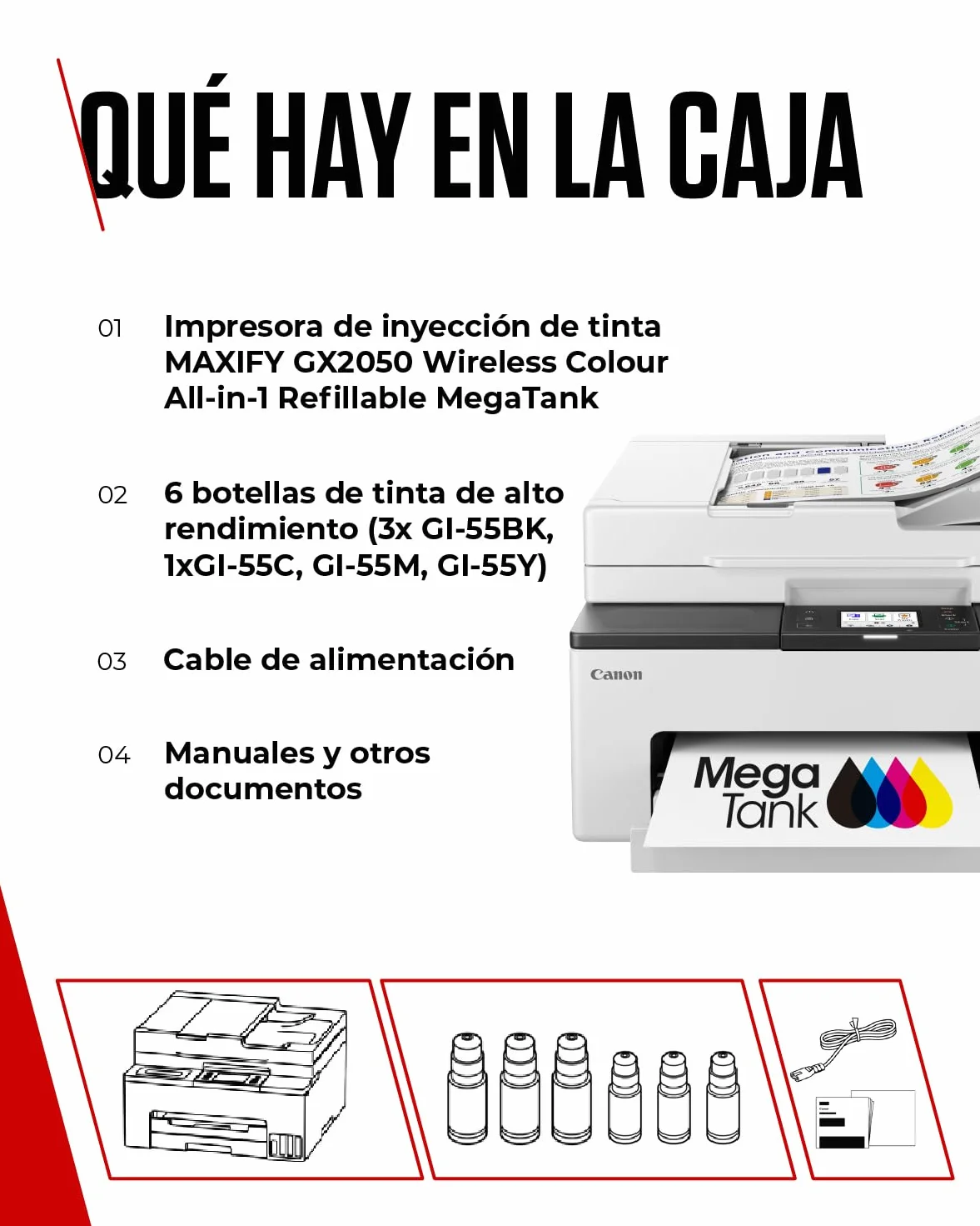 Canon MAXIFY GX2050 – Impresora MegaTank a Color, Copiadora, Escáner y Fax A4 | Hogar y Oficina | Conexión Wi-Fi, Ethernet y USB | Inyección de Tinta | Incluye 6 Botellas de Tinta