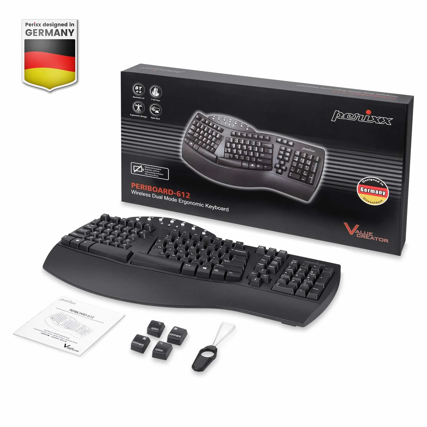 Perixx PERIBOARD-612, gran teclado ergonómico inalámbrico, conexión de 2,4 GHz y Bluetooth 4.0 para Windows y Mac – negro, AZERTY