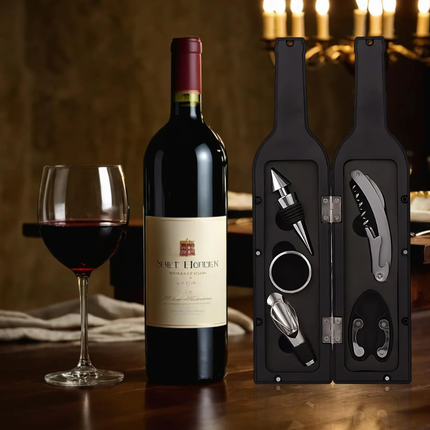Juego de accesorios para abrebotellas de lujo – Sacacorchos con corta cápsula, anillo de goteo, vertedor y tapón de vino