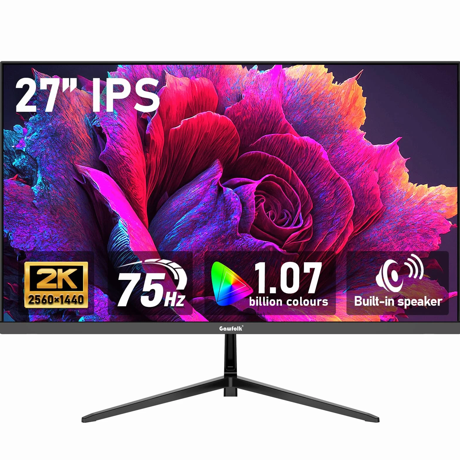 Gawfolk Monitor de 27 pulgadas QHD 75 Hz, pantalla de PC con altavoz | 2K 2560x1440P IPS - Pantalla de ordenador HDMI DP VESA 75 × 75 mm, para oficina en casa y multimedia