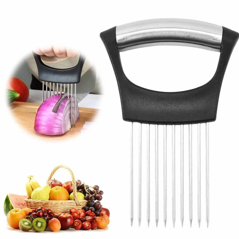 Soporte para rodajas de cebolla de acero inoxidable, rebanador de limón, cortador de verduras, herramienta auxiliar para cortar cuchillos de cocina, herramientas de cocina para el hogar para carne (1)