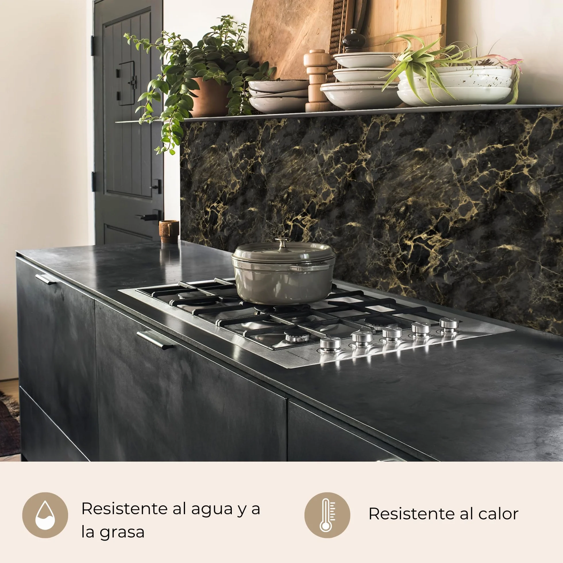 KitchenYeah Antisalpicaduras Cocina 80x400 cm Adhesivo Salpicadero Protector Negro Mármol Oro