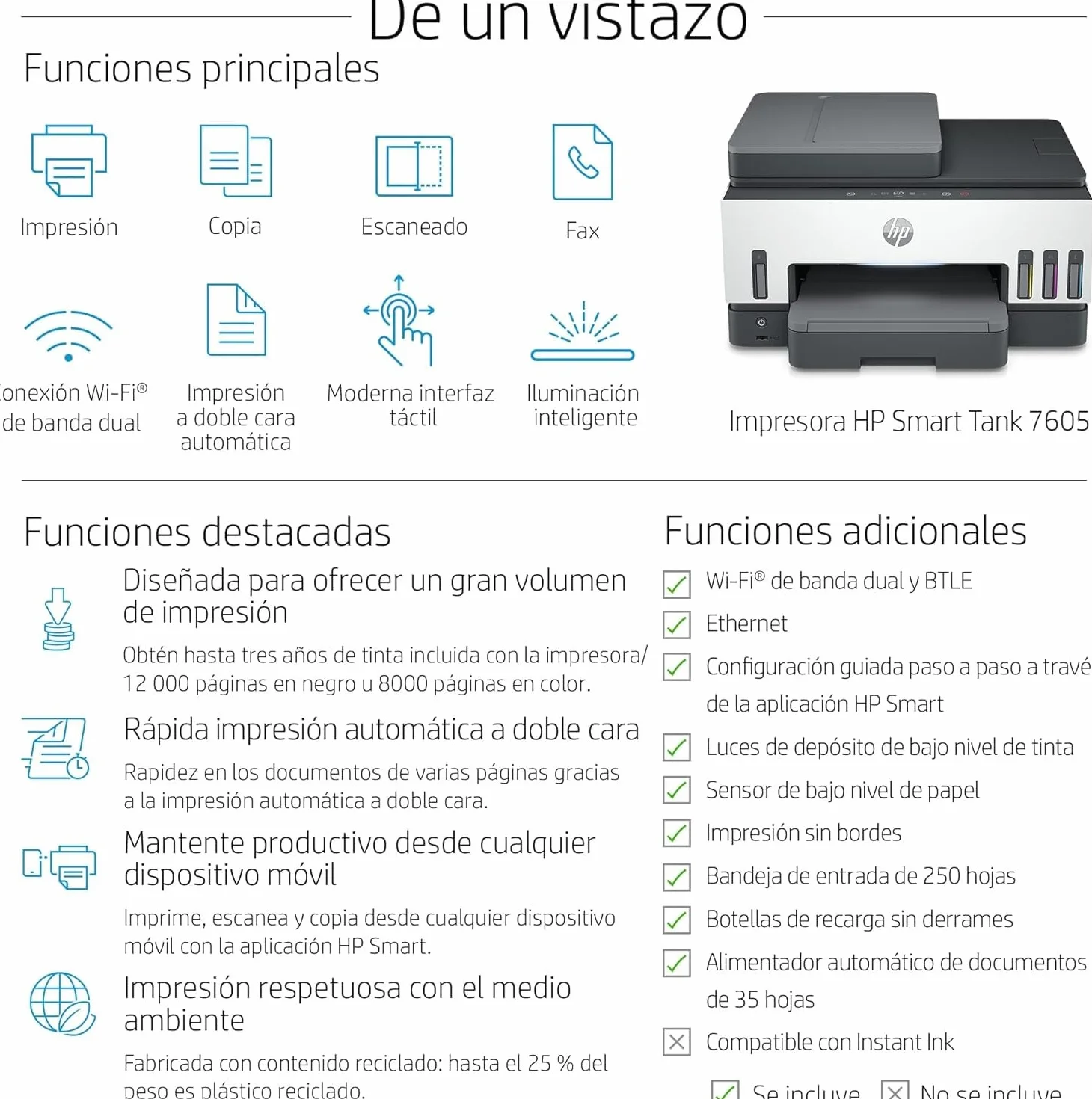 HP Smart Tank 7605 28C02A - Impresora A4 Multifunción con Deposito de Tinta Recargable, Impresión a Color, Escaner, Copiadora, Fax, Wi-Fi, Smart App, Blanco y Negro