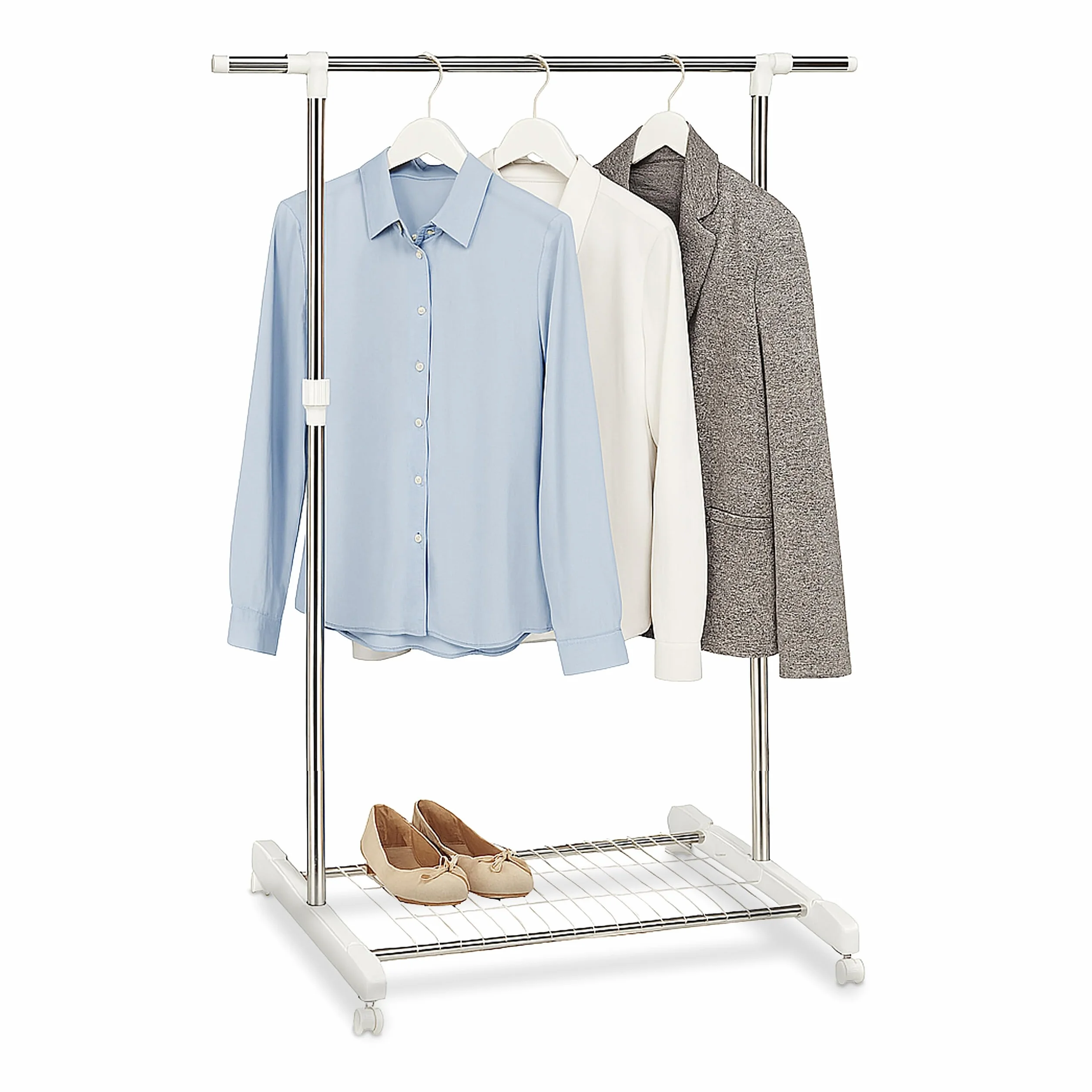 Perchero móvil Relaxdays con Estante, Altura Ajustable 97-165 cm, Anchura 92-160 cm, Plata/Blanco