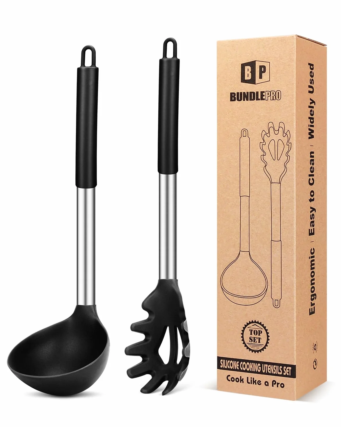 Silicona Juego de tenedor y cucharón para pasta antiadherente grande negro