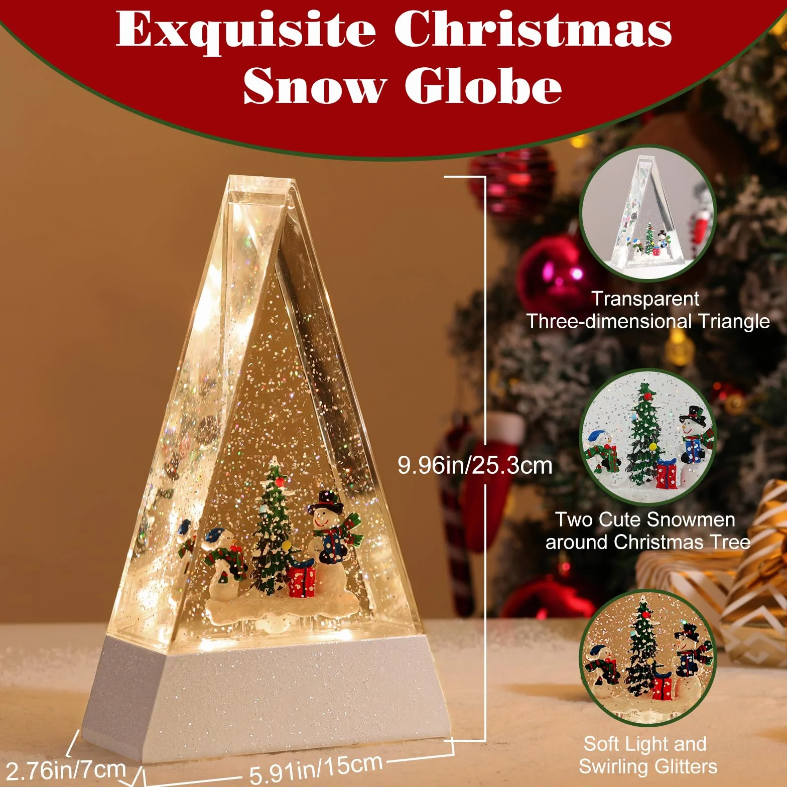 Globo de Nieve Navideño Triangular con Luz LED, Muñeco de Nieve con 8 Canciones y Temporizador 6H USB/Batería