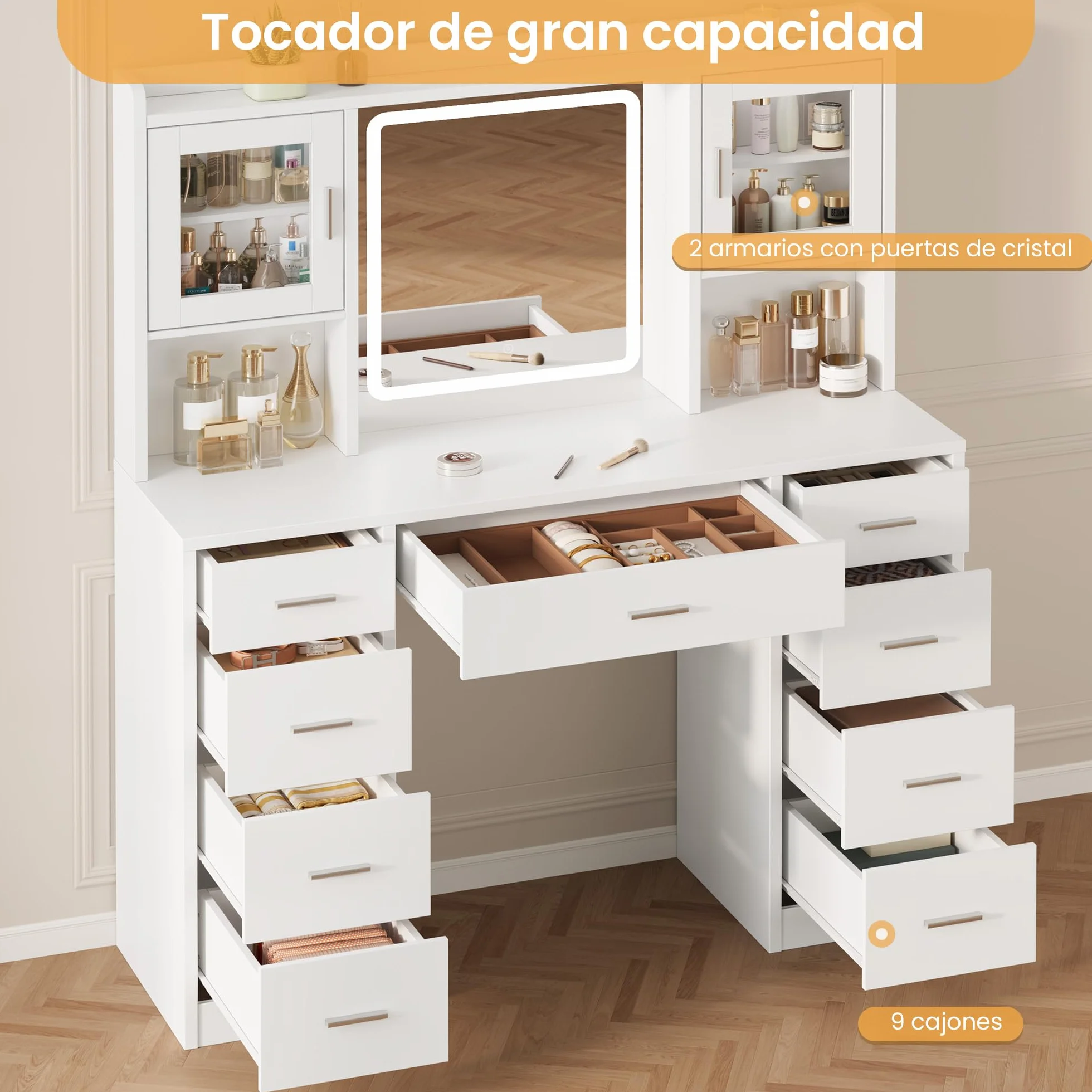 Tocador de Maquillaje con Luces LED Regulables, Mesa con Espejo, 2 Armarios Puertas Cristal, Blanco, 9 Cajones