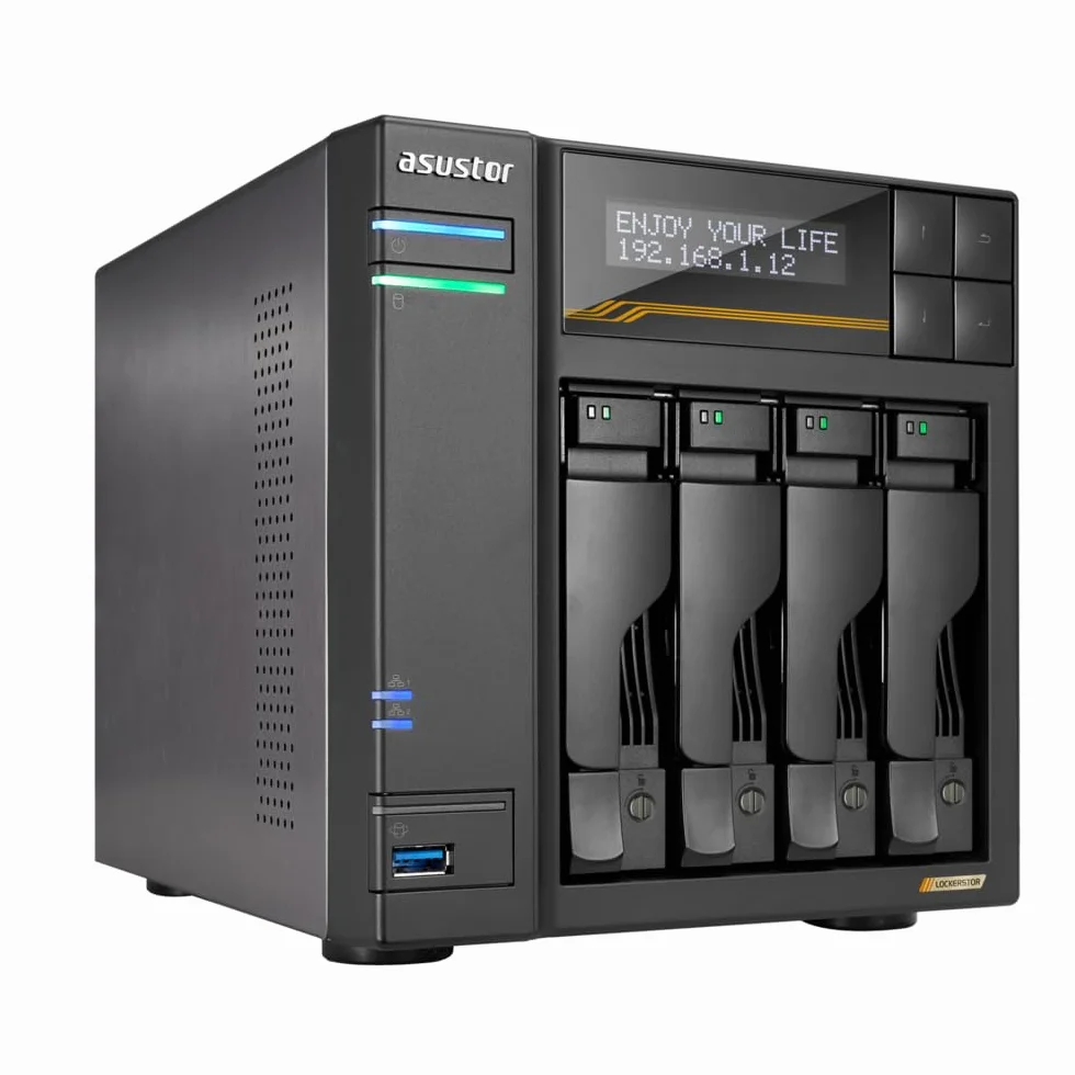 Asustor Lockerstor 4 Gen3 AS6804T, 4 bahías de Almacenamiento en Red NAS, AMD Ryzen Quad-Core 2.3 GHz, 16 GB de RAM ECC DDR5, 4 Ranuras M.2 NVMe, Dual 5 GbE y Doble Puerto de 10 GbE, USB 4.0 Type-C,