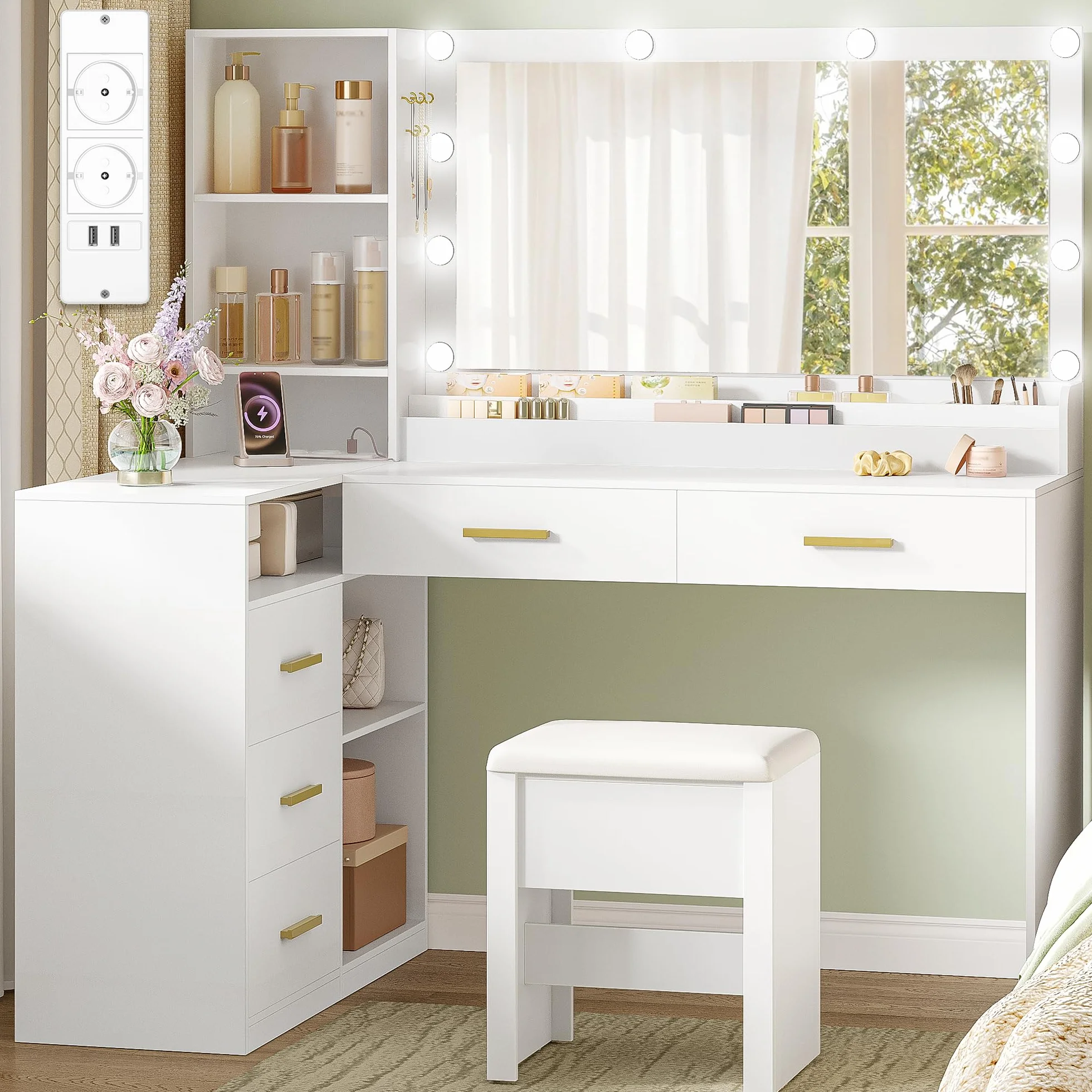HEXCELEN Tocador de Maquillaje con Espejo LED, Brillo Ajustable, Mesa de Maquillaje con Toma de Corriente, Tocador con Taburete, 5 Cajones, Estantes de Almacenamiento, 40 × 120 × 139 cm, Blanco