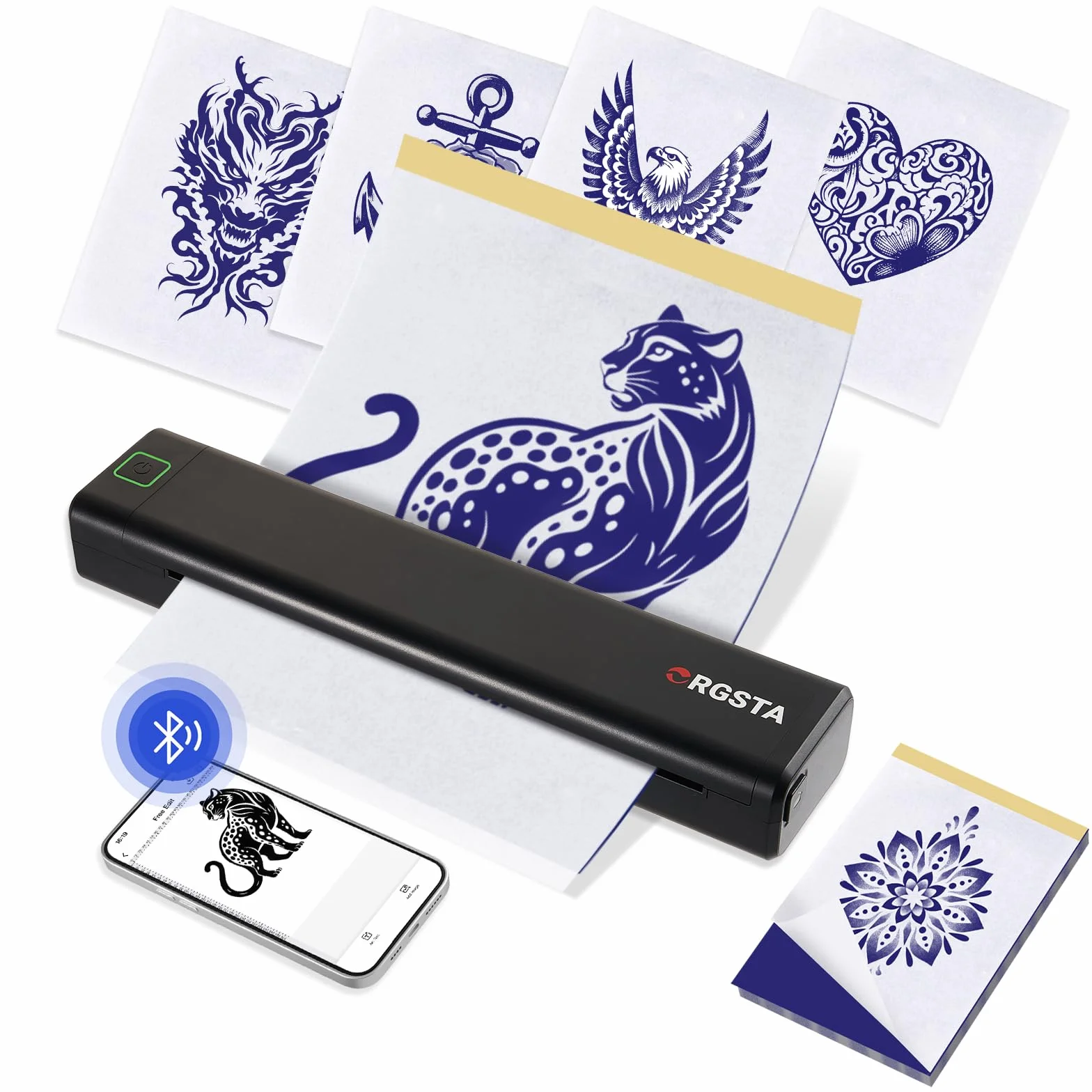 ORGSTA S008 Impresora de Tatuajes Térmica Bluetooth, Dispositivo Transferencia Estarcido Portátil para Principiantes con Papel