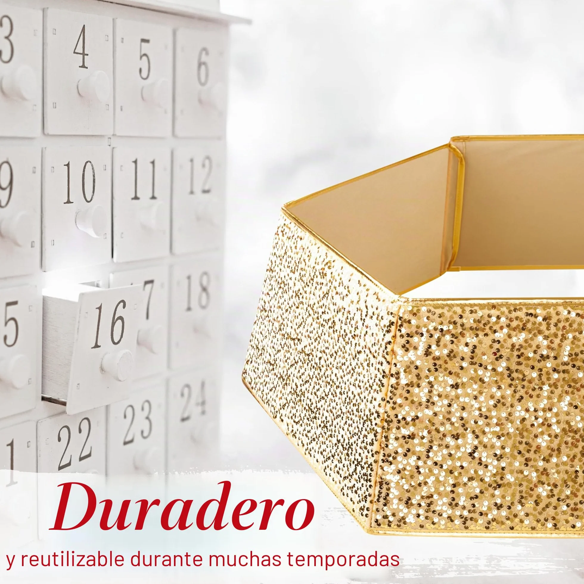 DECO EXPRESS Falda para Árbol de Navidad con Lentejuelas 68x85 cm, Cubre Árbol Hexagonal con Cierre de Velcro