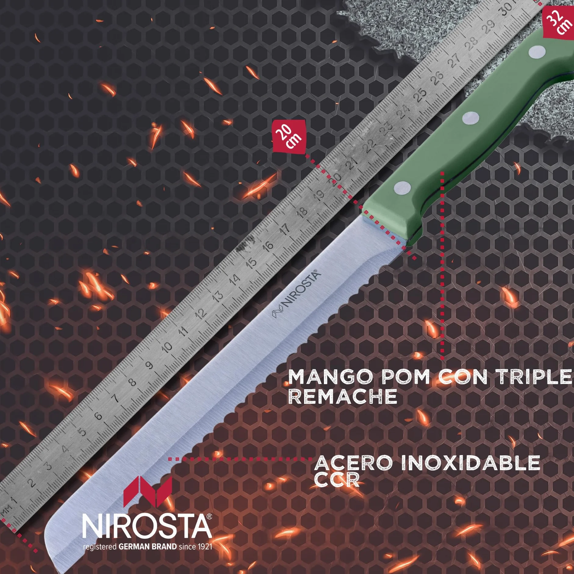 Nirosta Trio Cuchillo de Pan 32 cm, Hoja 20 cm Acero Inoxidable CCr, Mango POM, Corte Preciso, Verde Smoke
