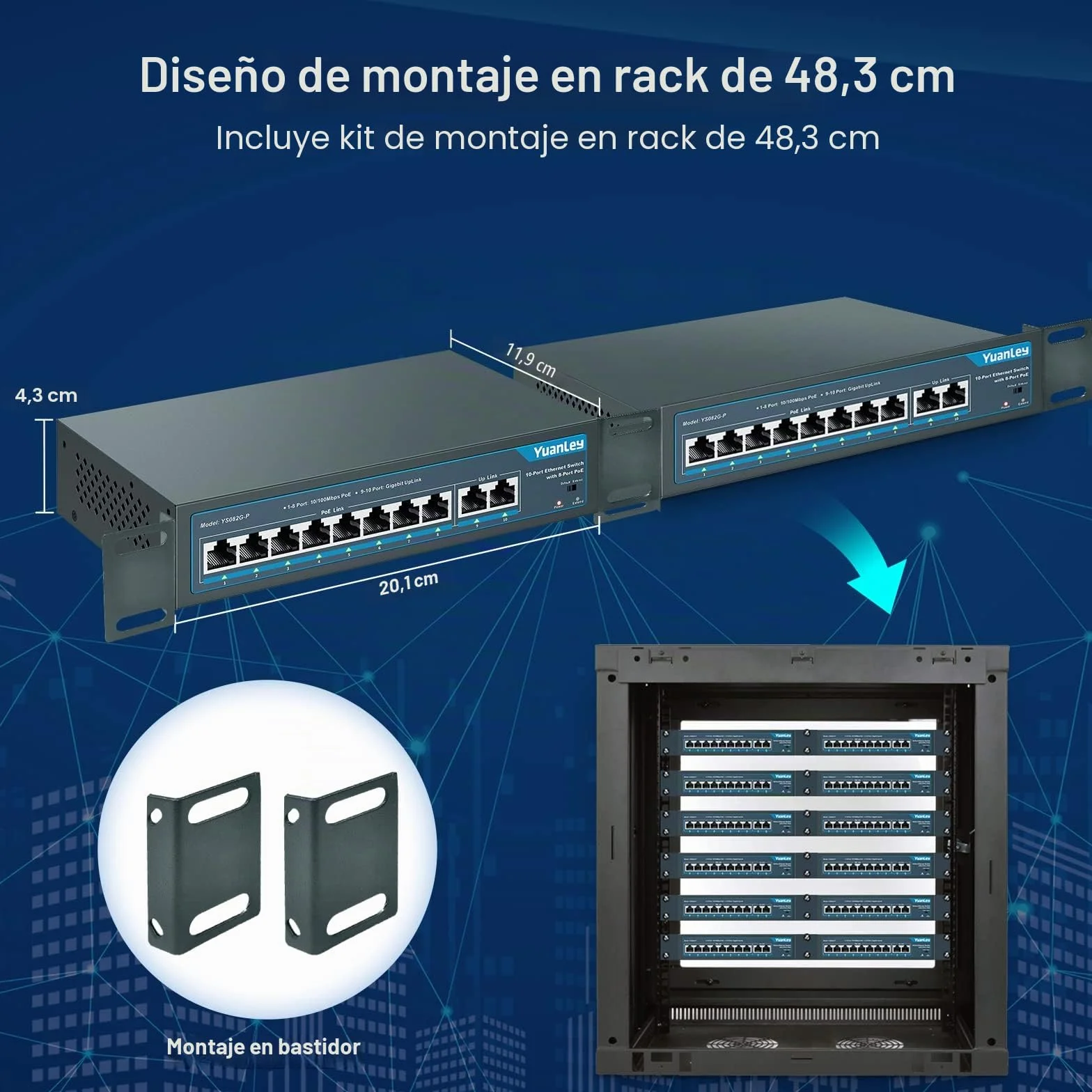 YuanLey 10 Port PoE Switch, 8 PoE+ Port 100Mbps, 2 Uplink Gigabit, 120W 802.3af/at, Función de Extensión, Sin Ventilador, Metal, Plug & Play