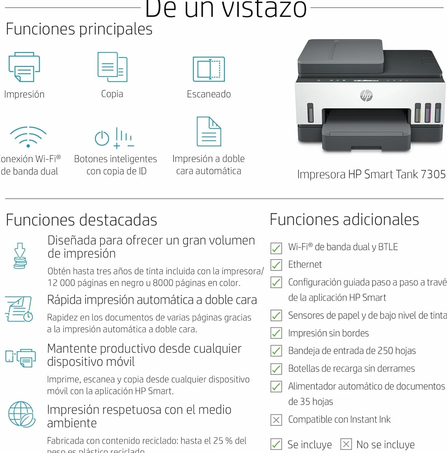 HP Smart Tank 7305 28B75A -Impresora A4 Multifunción con Deposito de Tinta Recargable, Impresión a Color, Escaner, Copiadora, Wi-Fi, Smart App, Blanca y Gris Oscuro