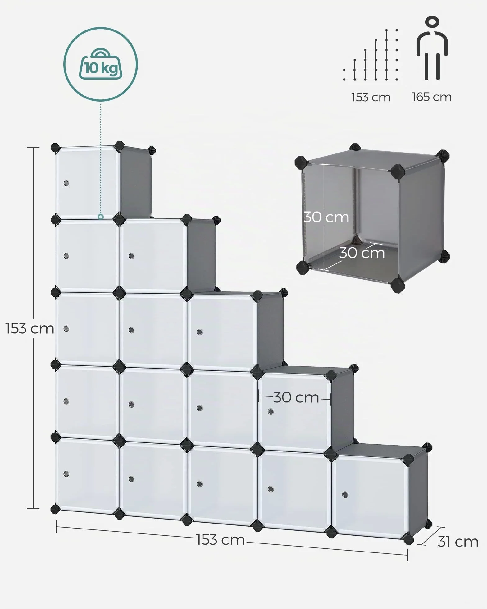 SONGMICS Estantería Modular 16 Cubos con Puertas Gris y Blanco