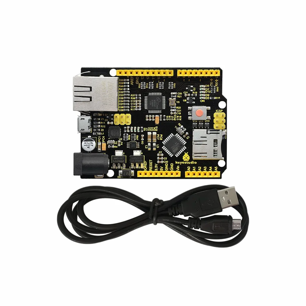 KEYESTUDIO W5500 Placa de Desarrollo de Placa de Control Ethernet para Arduino IDE, Compatible con Tarjeta MicroSD con Cable USB, Sin Ethernet Shield (sin Pin)