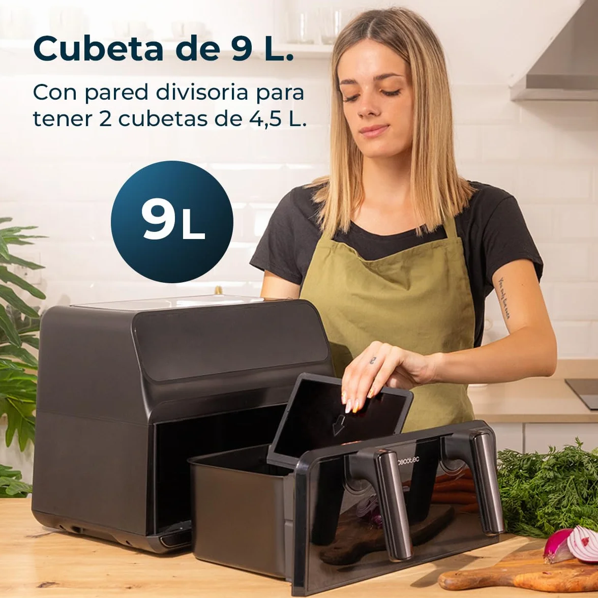 Cecotec Freidora de Aire sin Aceite 9L Doble Cubeta 4.5L Cecofry Advance 9000 Window Plus 2200W