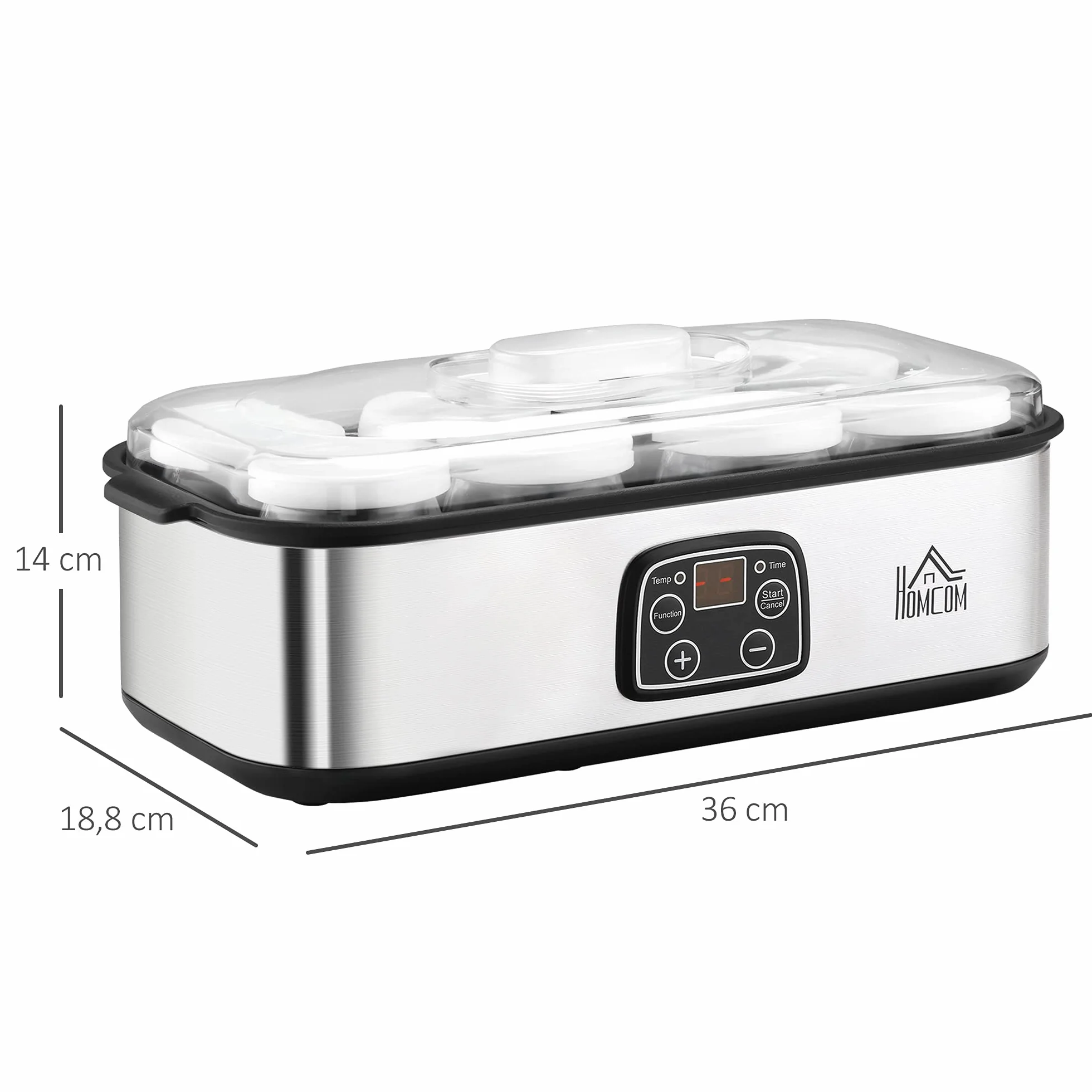 HOMCOM Yogurtera 25W 1,44L 8 Tarros de Cristal 180 ml Termostato Ajustable Temporizador 1-48 Horas Apagado Automático 36x18,8x14 cm Plata