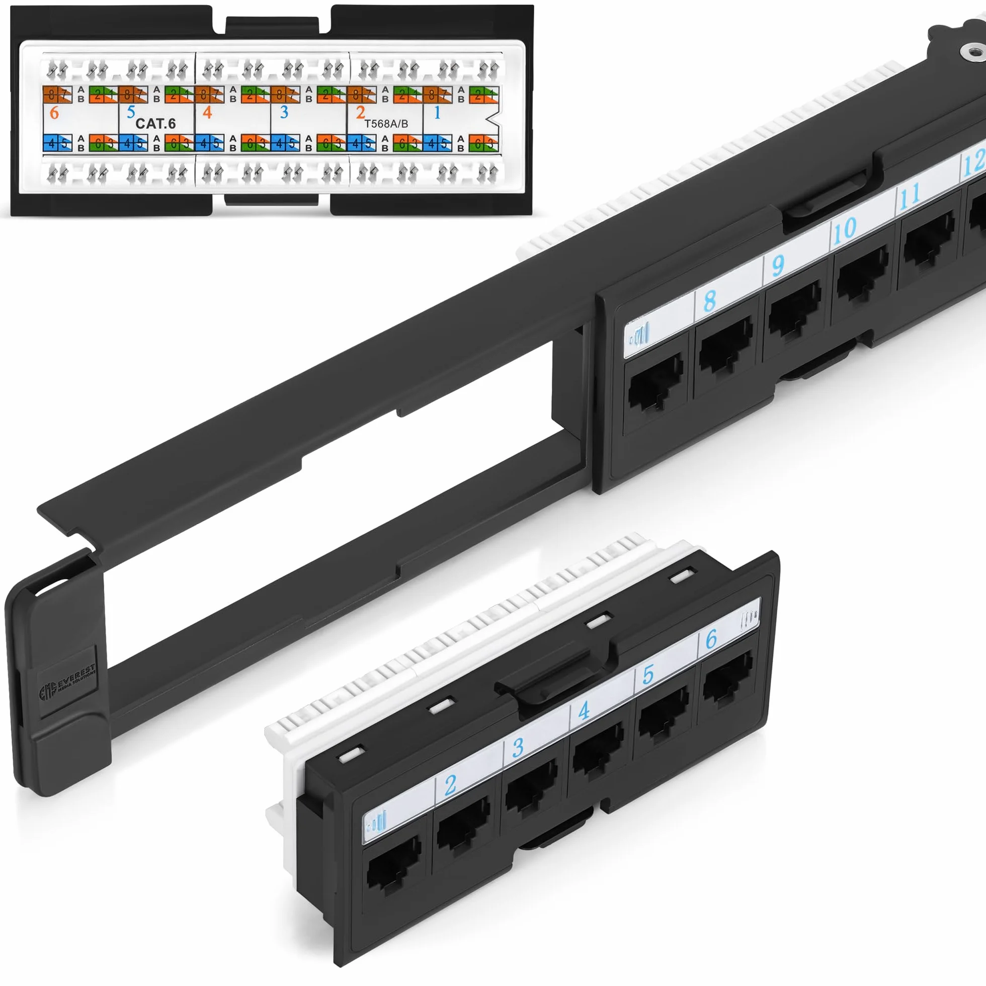 Everest Media Solutions verest - Panel de conexión RJ45 Cat6 de 24 puertos, paneles extraíbles de 6 puertos para un fácil acceso, panel de conexión de red Cat 6 de 10 GB, 24 puertos