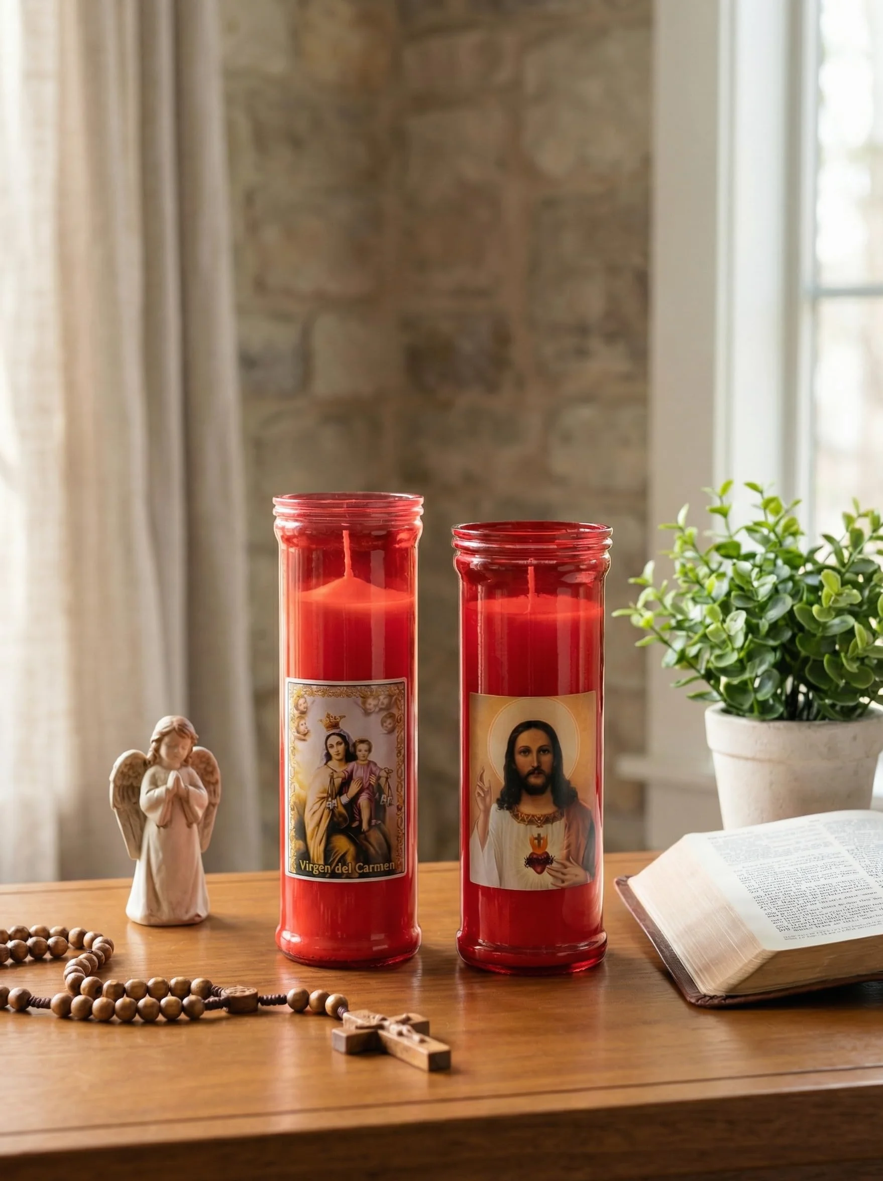 Velas Religiosas Roja Sagrado Corazón de Jesús Virgen del Carmen Velón Vaso Plástico Resistente Calor Altar Iglesia Sin Fragancia
