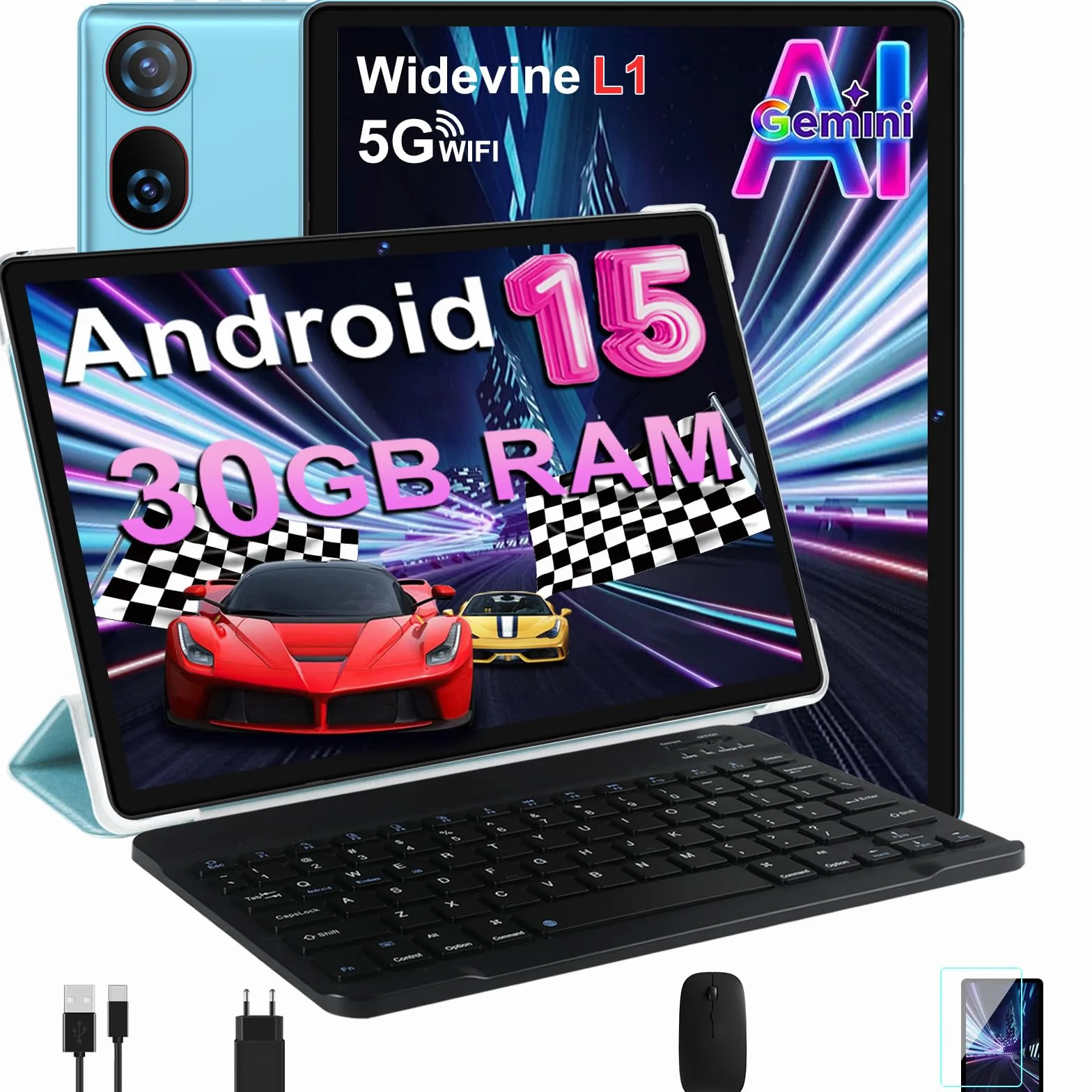 DMOAO Tablet 10 Pulgadas Android 15 con Gemini AI, 30 GB RAM + 2 TB ROM Expansión, 5G WiFi, GPS, Widevine L1, Octa-Core, BT 5.0, 6000mAh, USB-C, FHD Tablet con Teclado+ Ratón + Funda, Azul