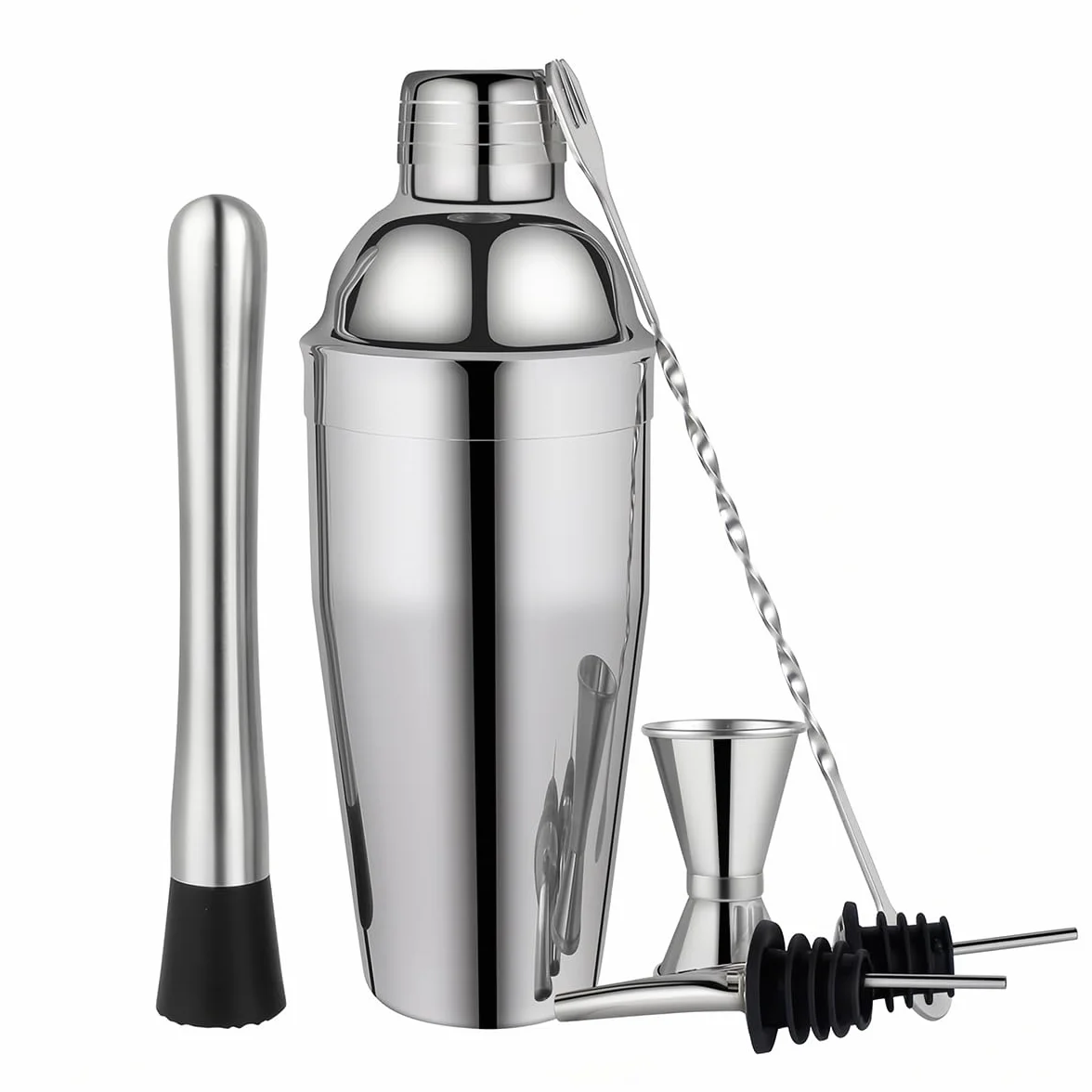 6 sets de cóctel premium de LiangYuanZen, una coctelera de 750 ml, un vaso medidor doble, 2 crunker, una cuchara y un stasipunk.