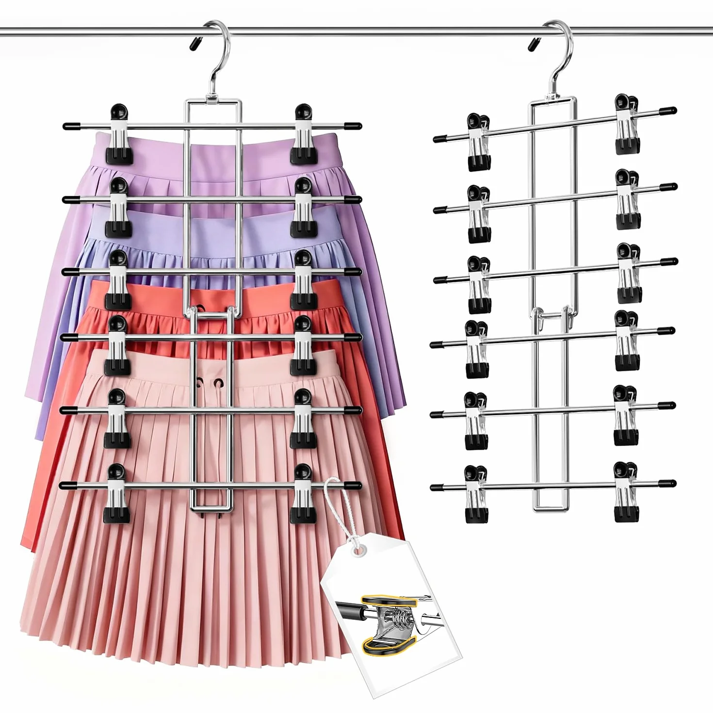 DAMITA Perchas con Pinzas para Faldas y Pantalones Percha Vertical 6 Niveles con Gancho 360° Ahorro de Espacio Diseño Seguro para los Dedos – Dormitorio, Piso o Residencia 1 Unidad