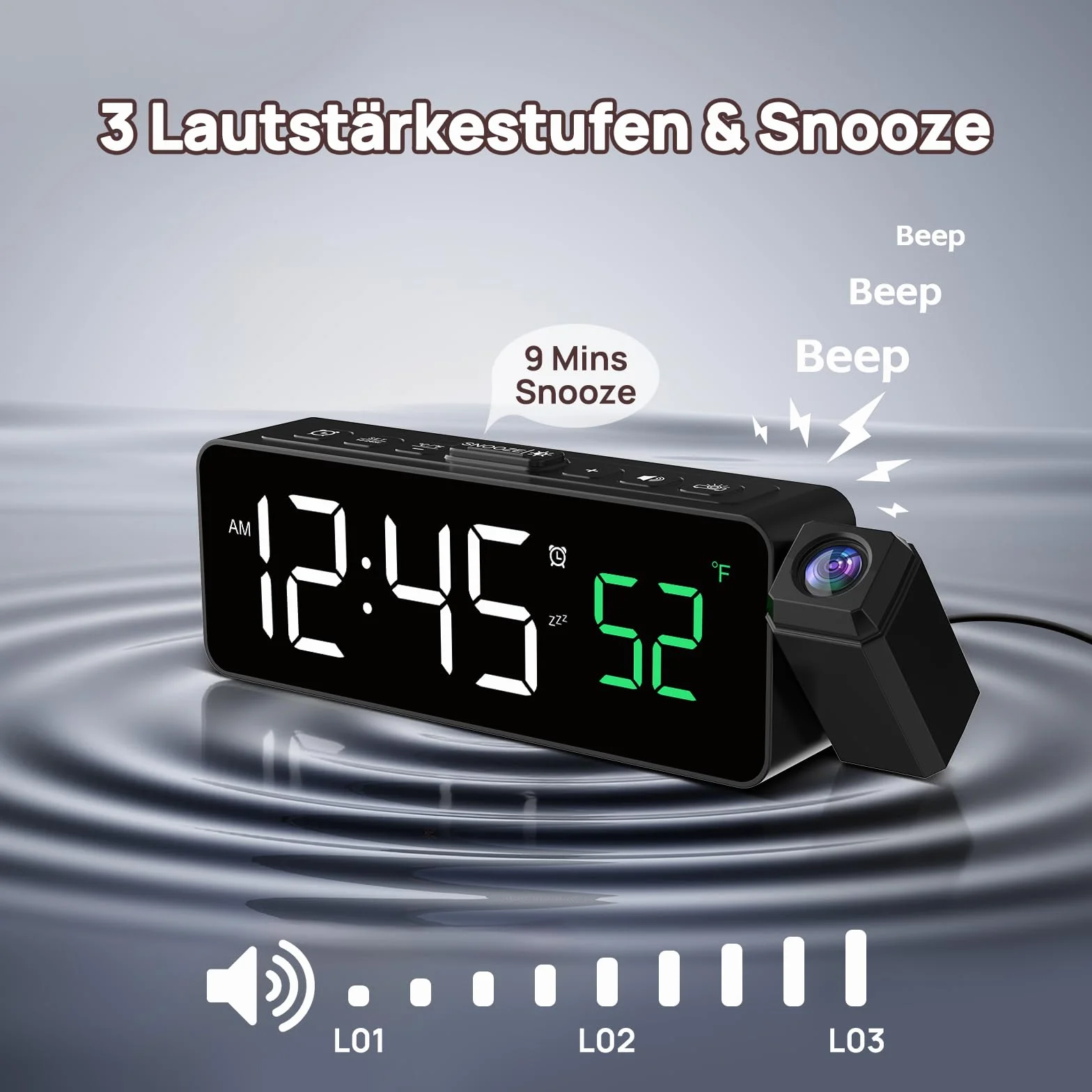Netzu Reloj Despertador Digital con Proyector 180° Pantalla LED Temperatura Brillo Ajustable