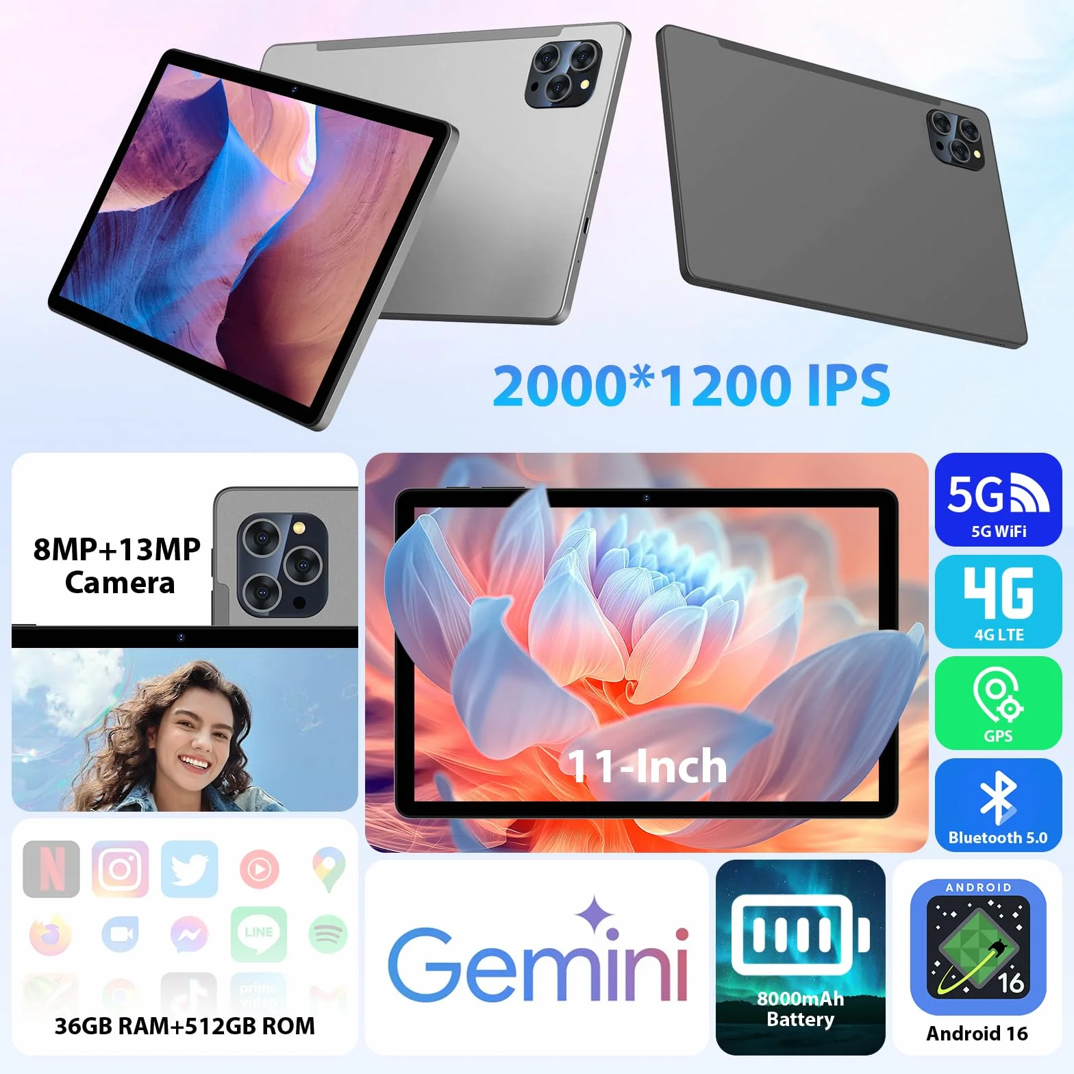 Tablet 11 Pulgadas Android 16 con 36GB RAM+512GB ROM (2TB TF), 4G LTE & 5G WiFi, Octa-Core 2.0GHz, 8000mAh, 13MP+8MP, Widevine L1,Gemini AI, GPS, BT 5.0, Tablet con Teclado, Gris
