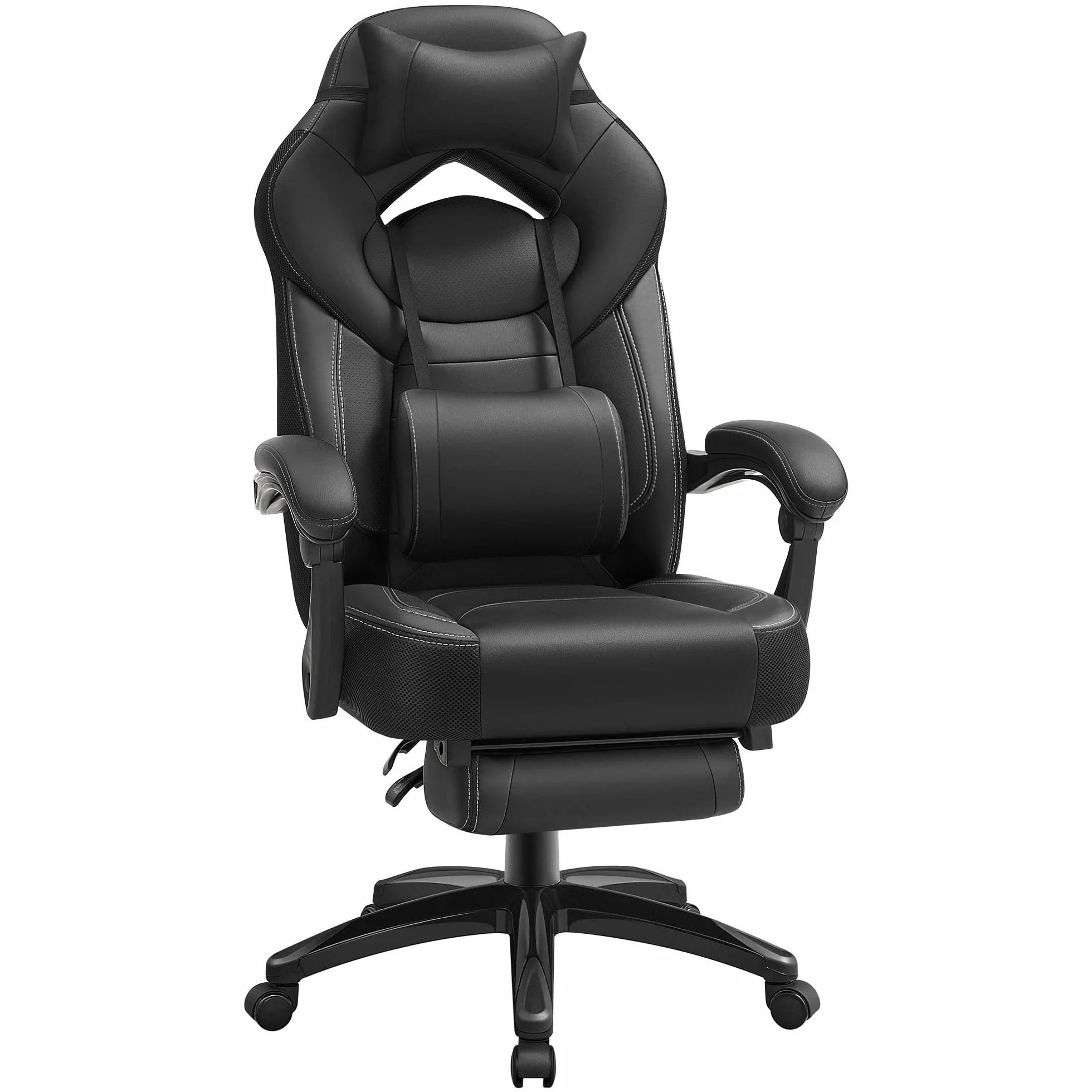 SONGMICS Silla Gaming Ergonómica con Reposapiés y Reposacabezas Ajustable, 150 kg, Negro